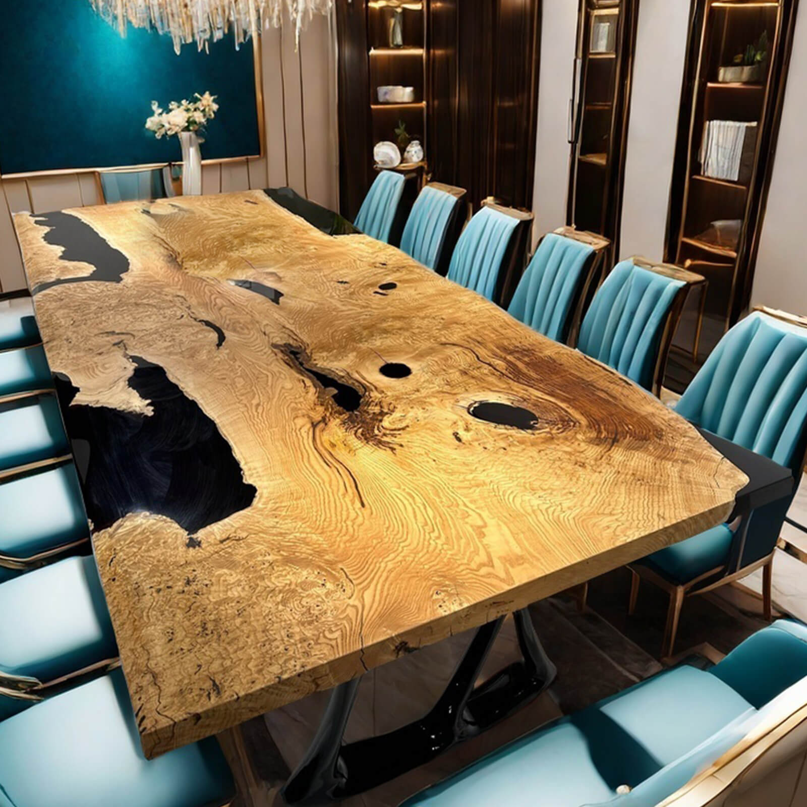 Table D'appoint Rivière En Chêne Massif Et Résine époxy, Style Art Déco, Faite Main