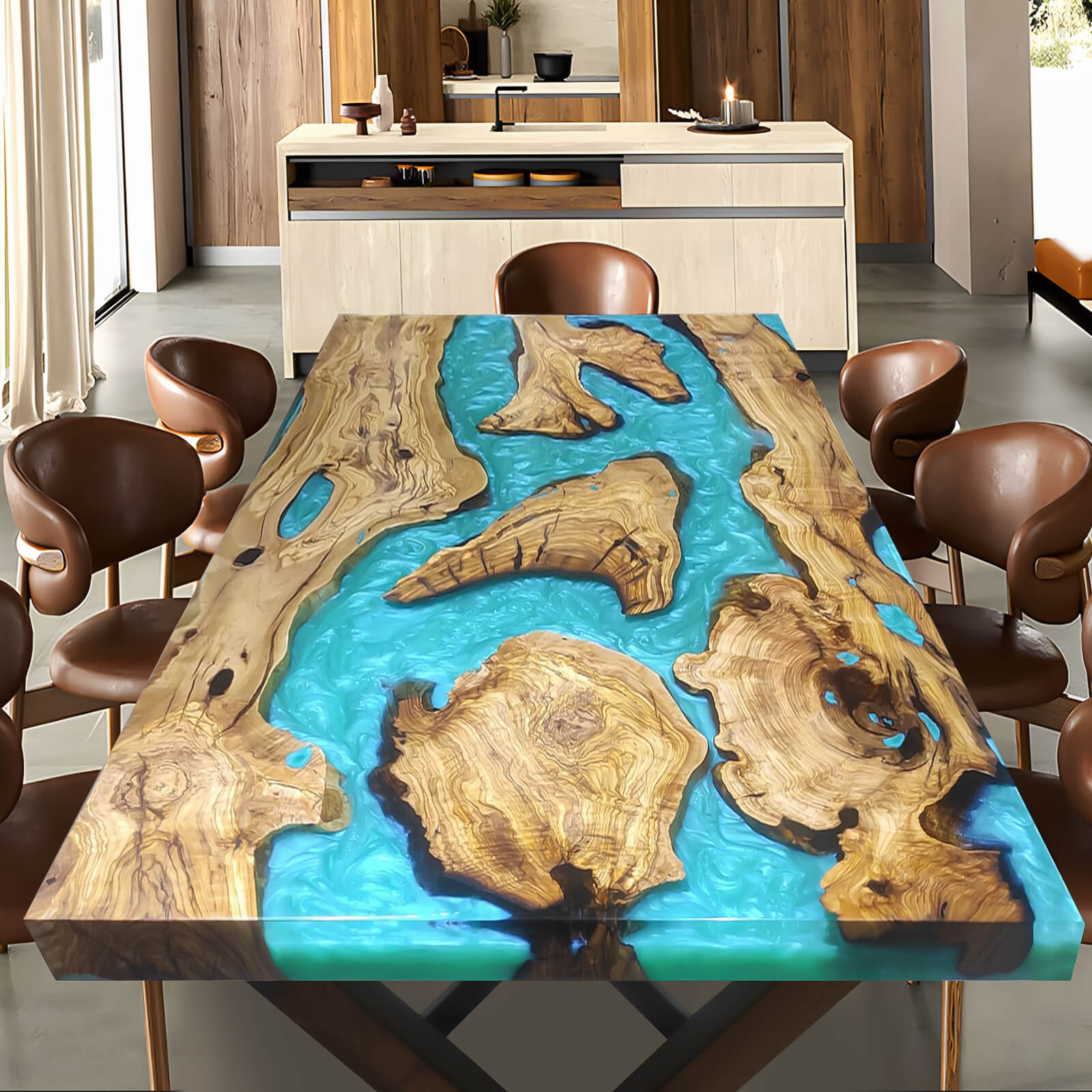 Custom Olive Epoxy Resin River Table Blue Pearl ORT-47