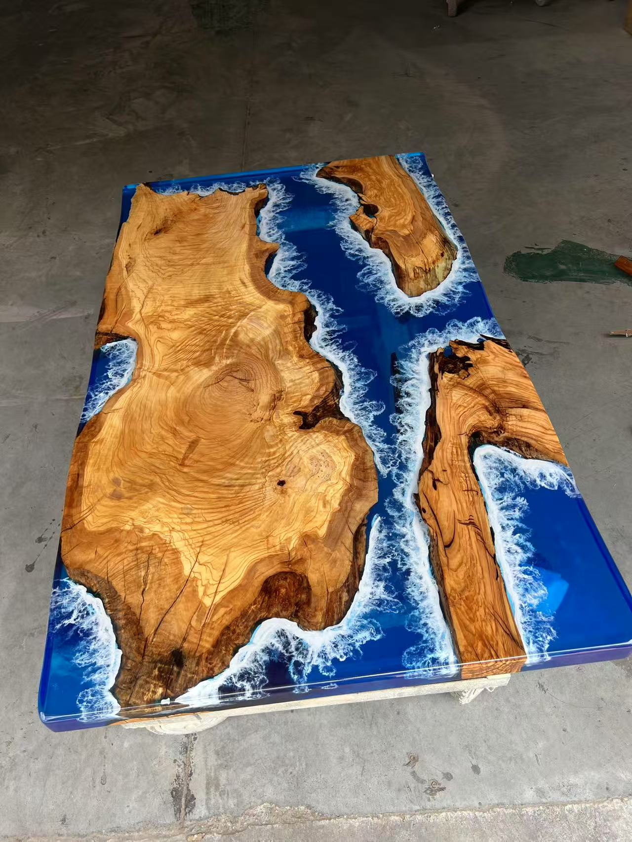 Custom Olive Epoxy Resin River Table Blue Waves ORT-27