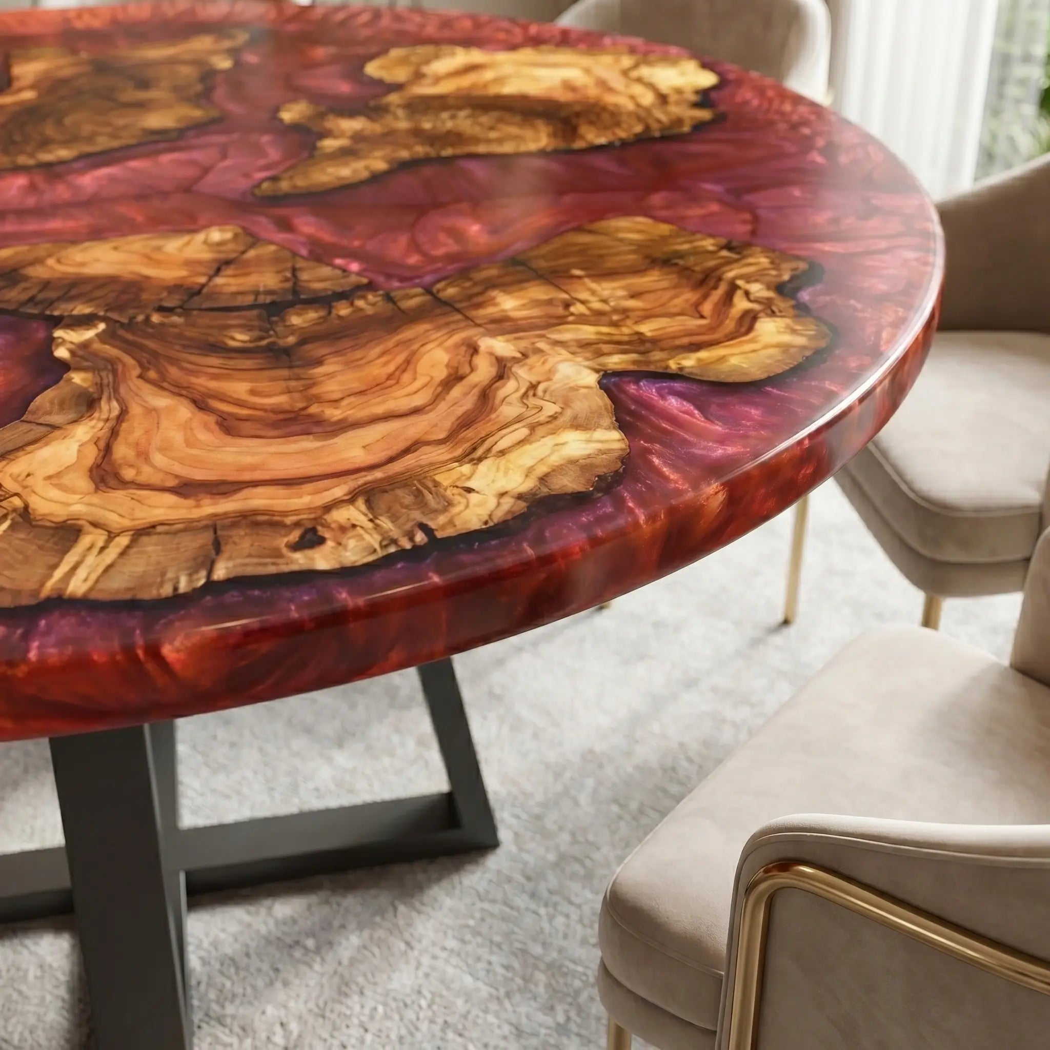 Custom-Olive-Epoxy-Resin-Round-Coffee-Table-Red-Resin-ORM-15-22