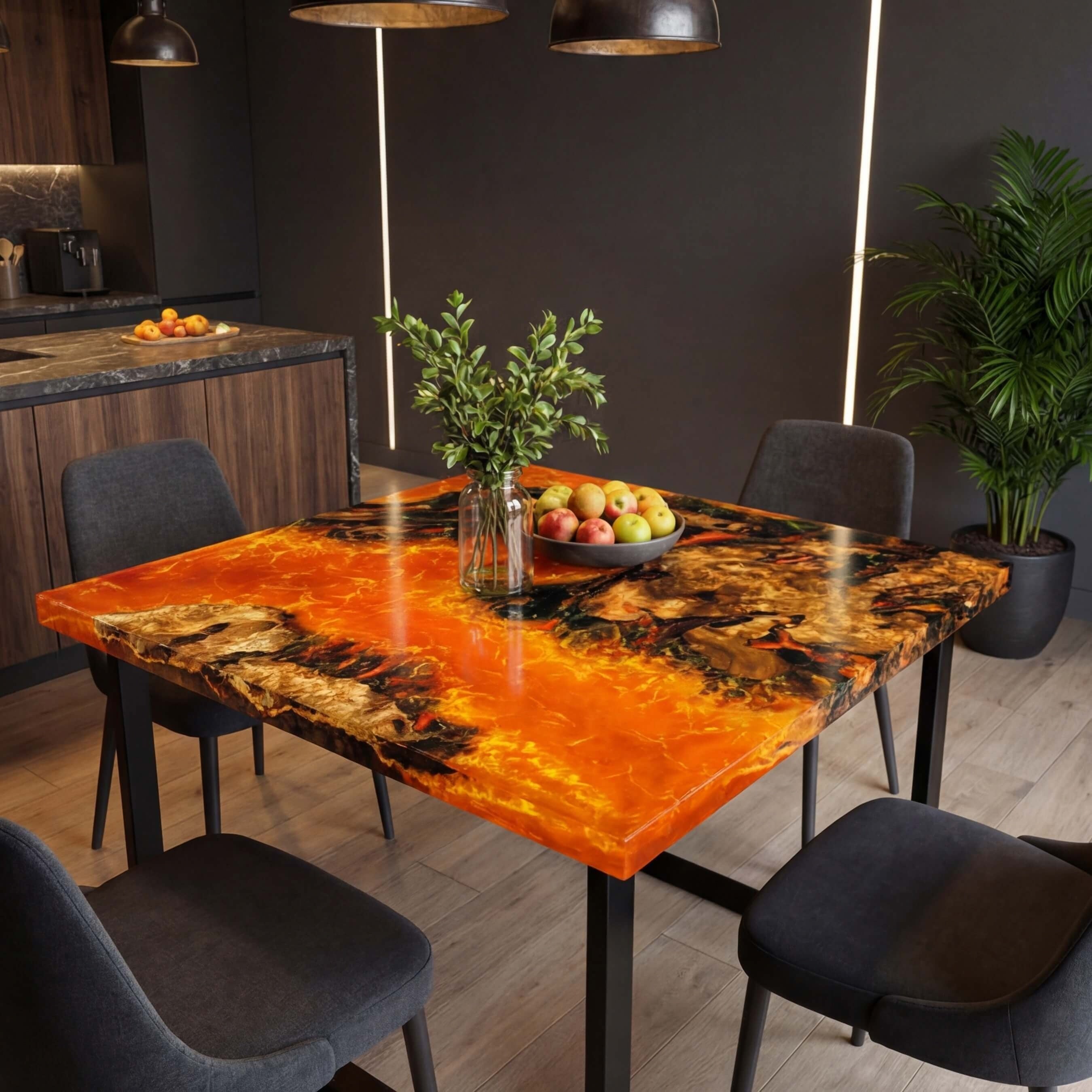 Custom Olive Wood Epoxy Resin River Table Lava Orange RVT-61