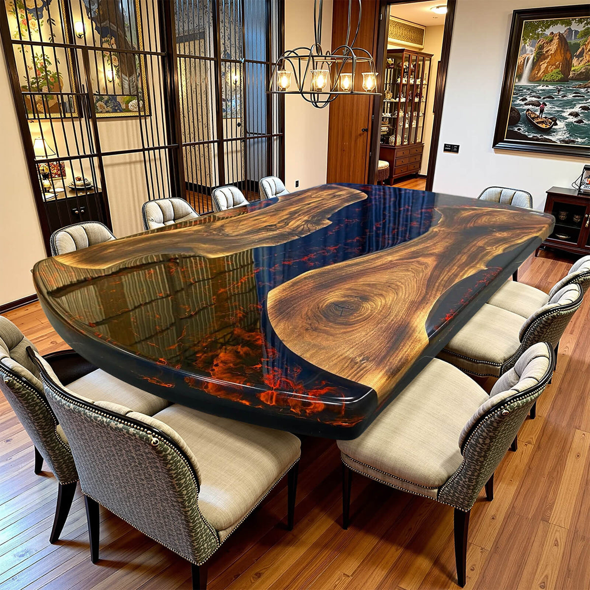 Custom Walnut Epoxy Resin River Table Flame Resin ETT-74
