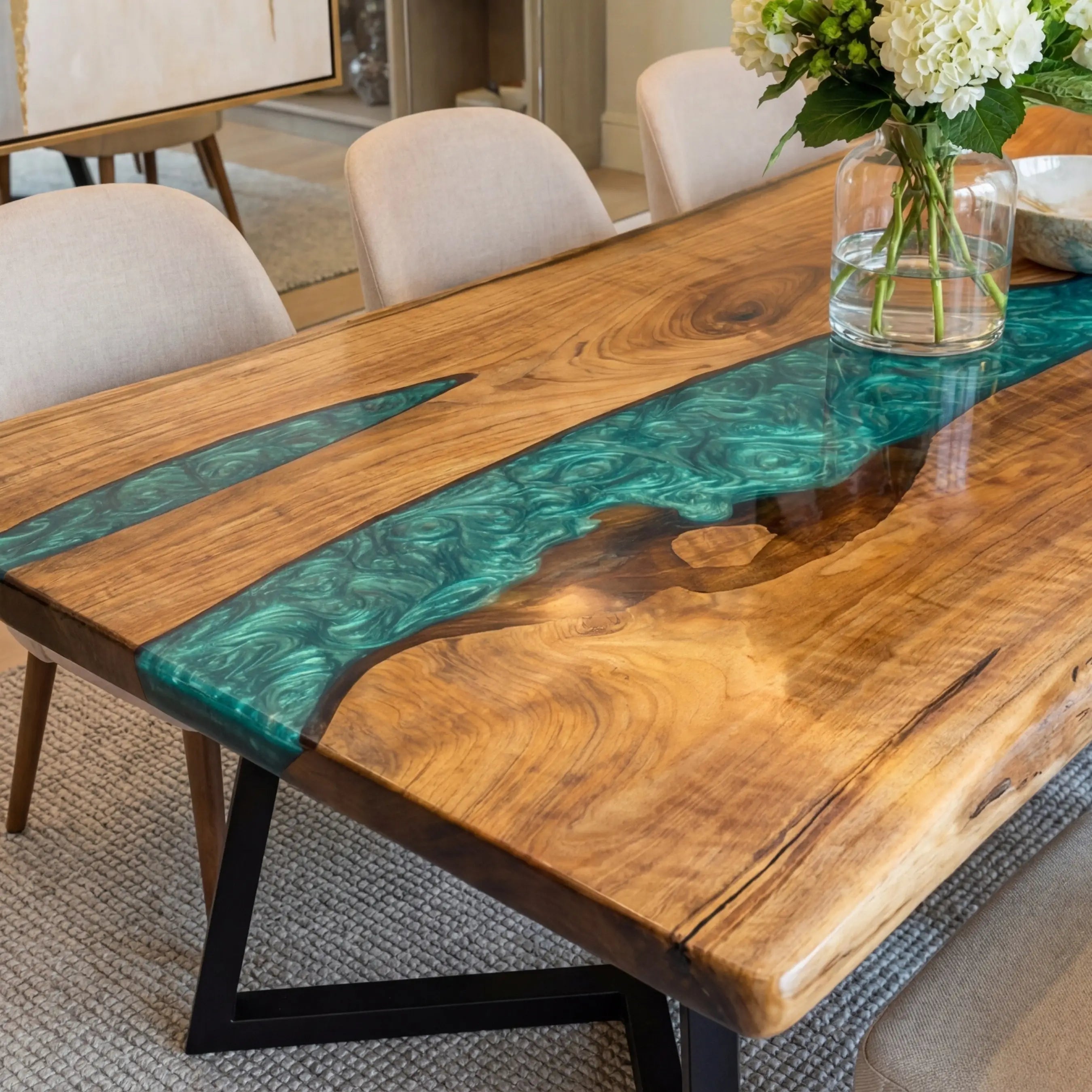 Custom Walnut Epoxy Resin River Table Mint Green Resin ERT-90