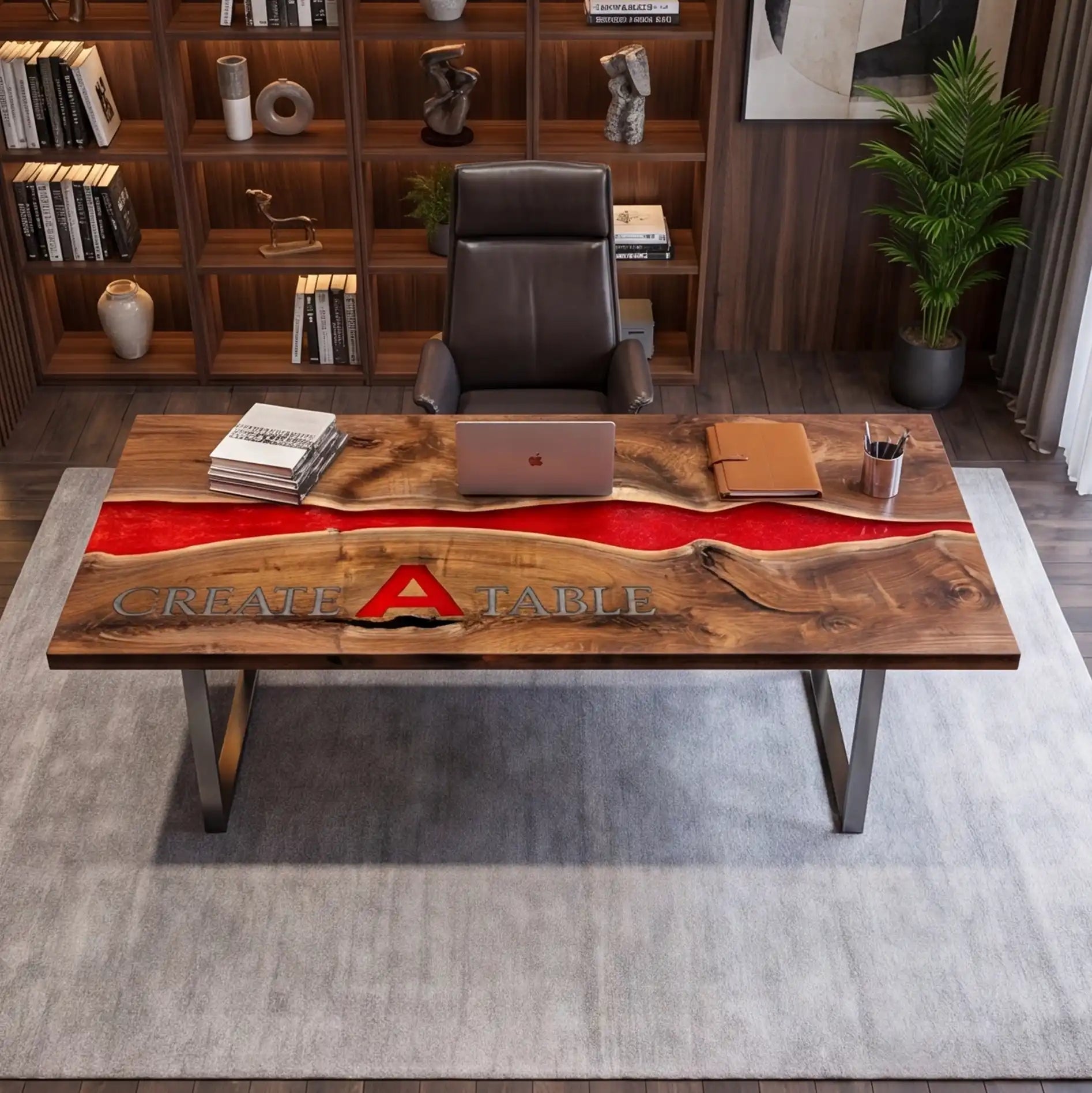 Custom Black Walnut and Crimson Red Resin “Executive Signature” Series Desk (With Multi-Color Resin Inlay Logo) RD-46