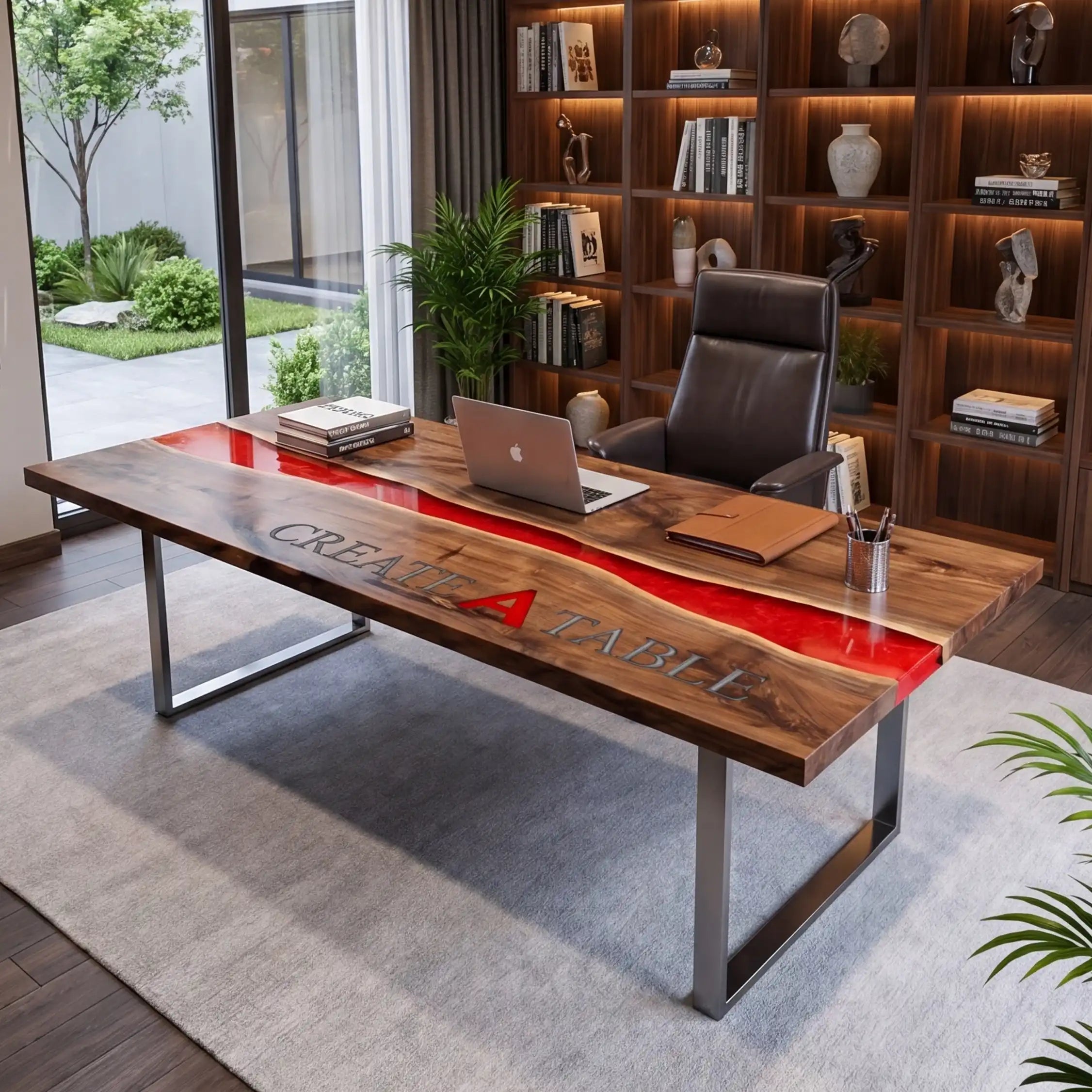 Custom Black Walnut and Crimson Red Resin “Executive Signature” Series Desk (With Multi-Color Resin Inlay Logo) RD-46