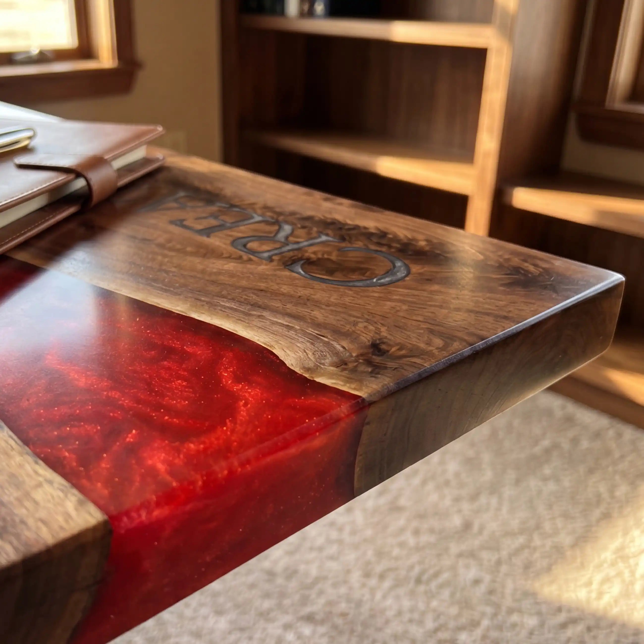 Custom Black Walnut and Crimson Red Resin “Executive Signature” Series Desk (With Multi-Color Resin Inlay Logo) RD-46