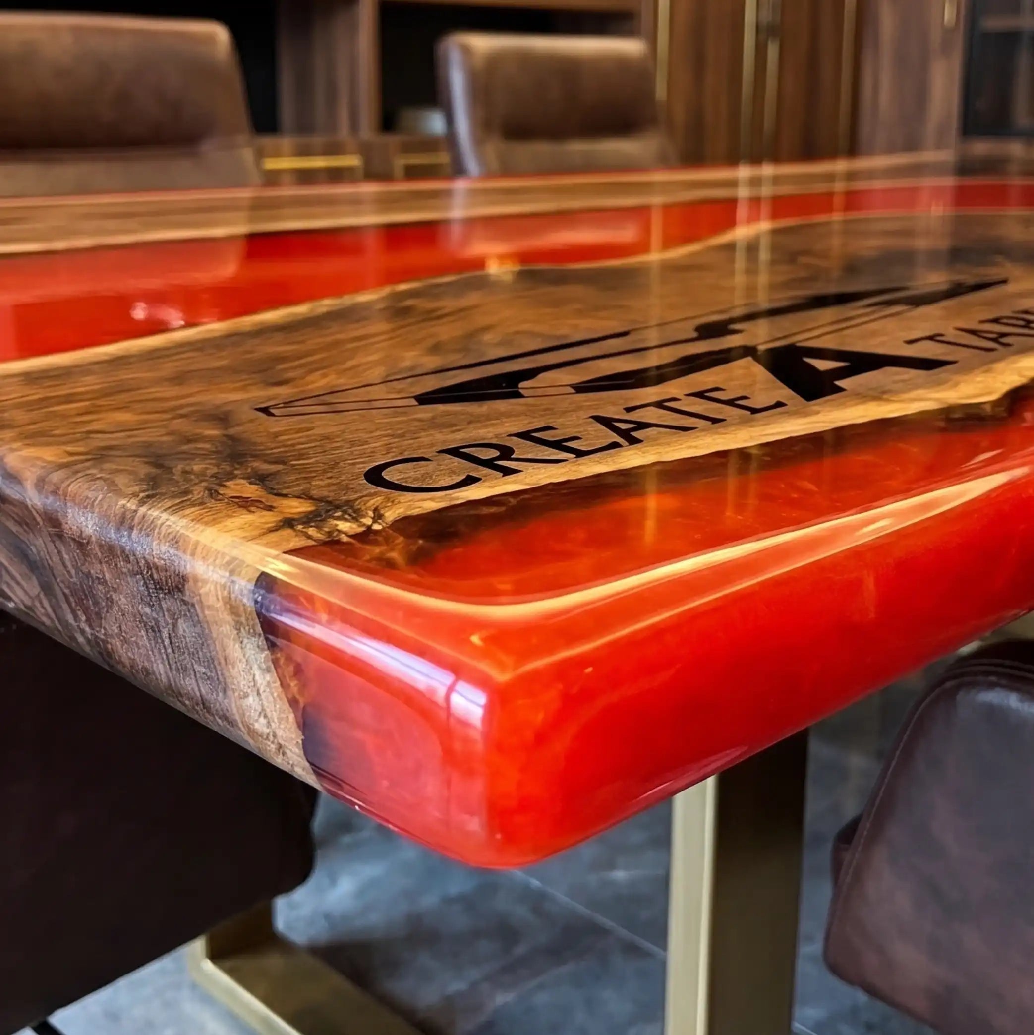 Custom Black Walnut and Crimson Resin “Executive Signature” Series Desk (With Black Resin Inlay Logo) RD-51