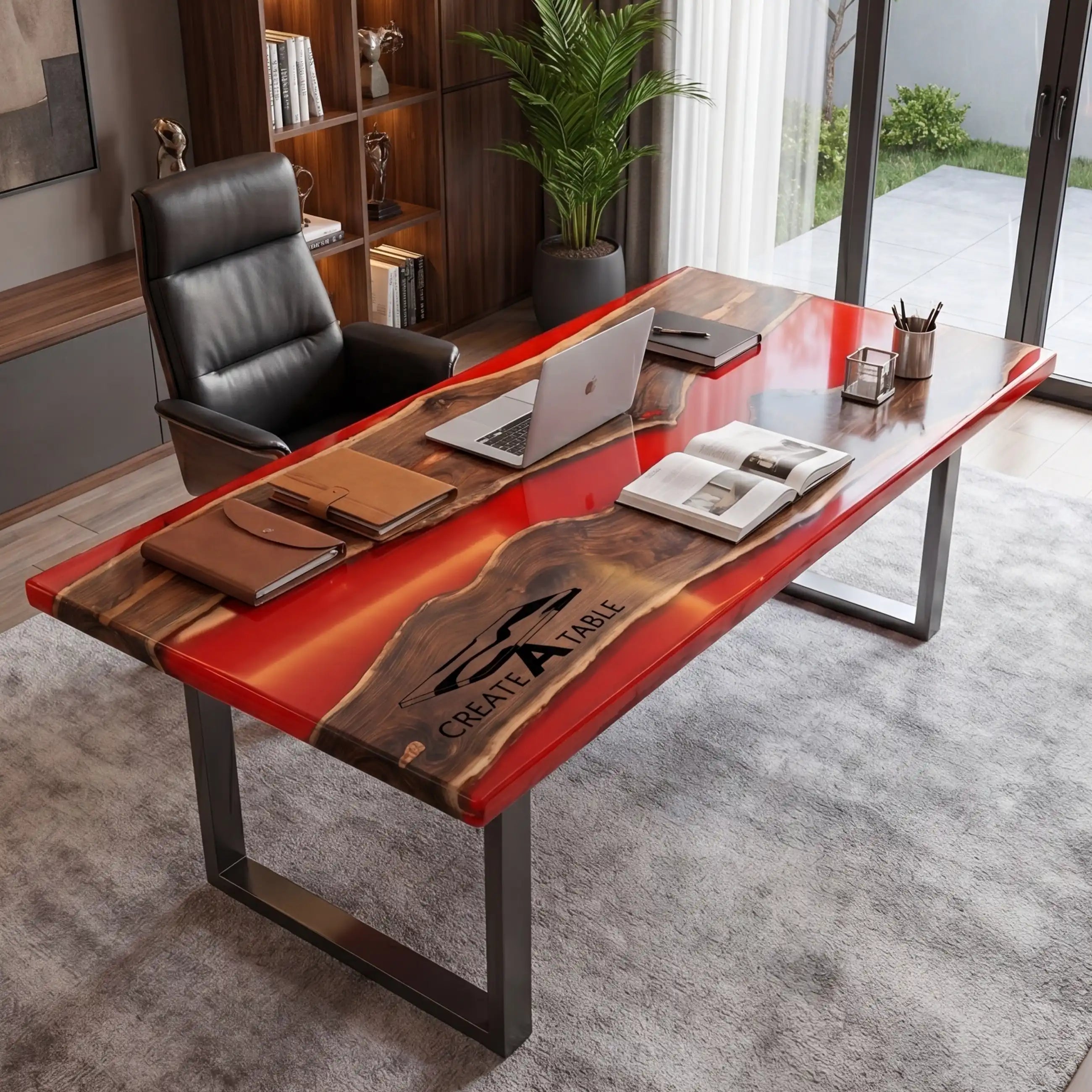 Custom Black Walnut and Crimson Resin “Executive Signature” Series Desk (With Black Resin Inlay Logo) RD-51