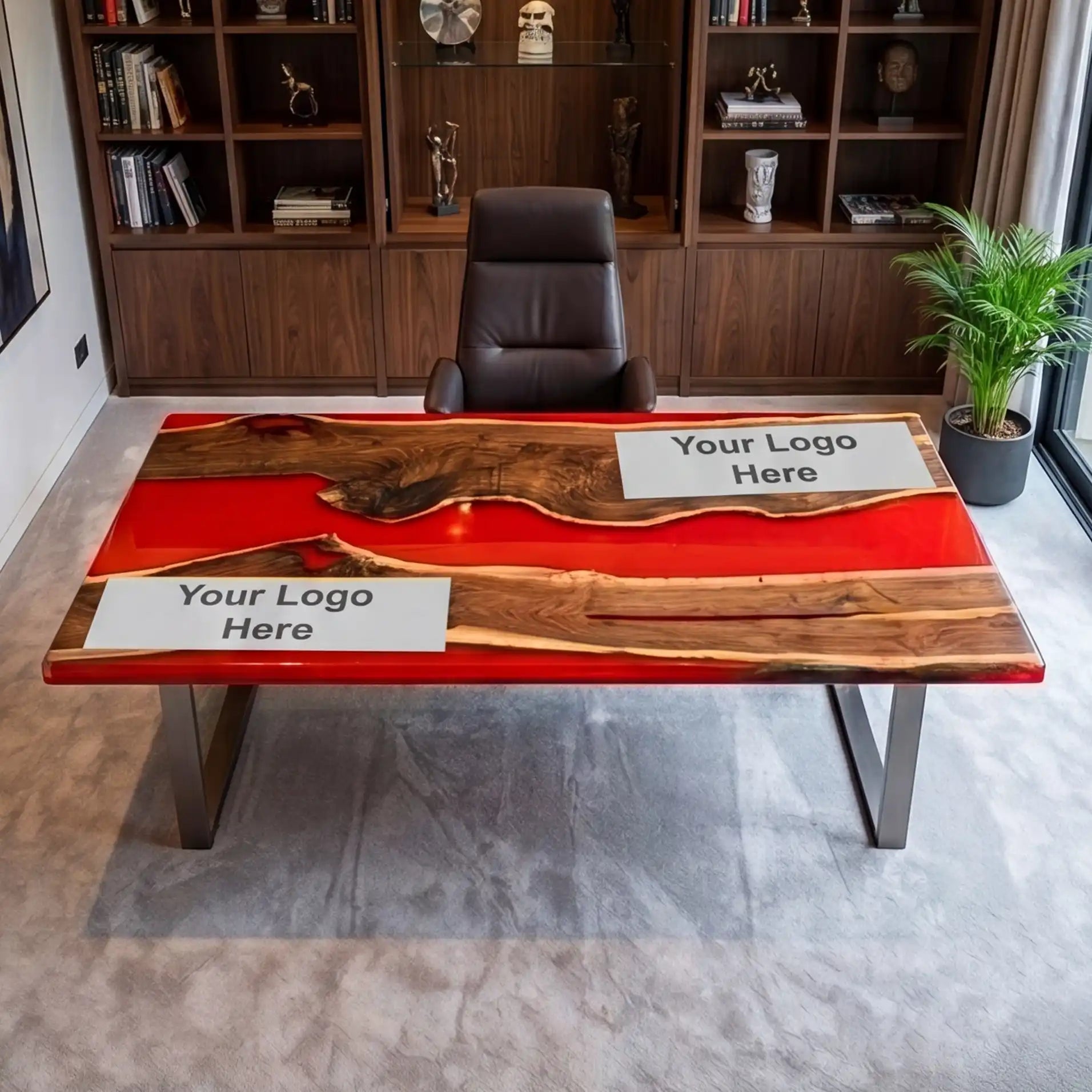 Custom Black Walnut and Crimson Resin “Executive Signature” Series Desk (With Black Resin Inlay Logo) RD-51