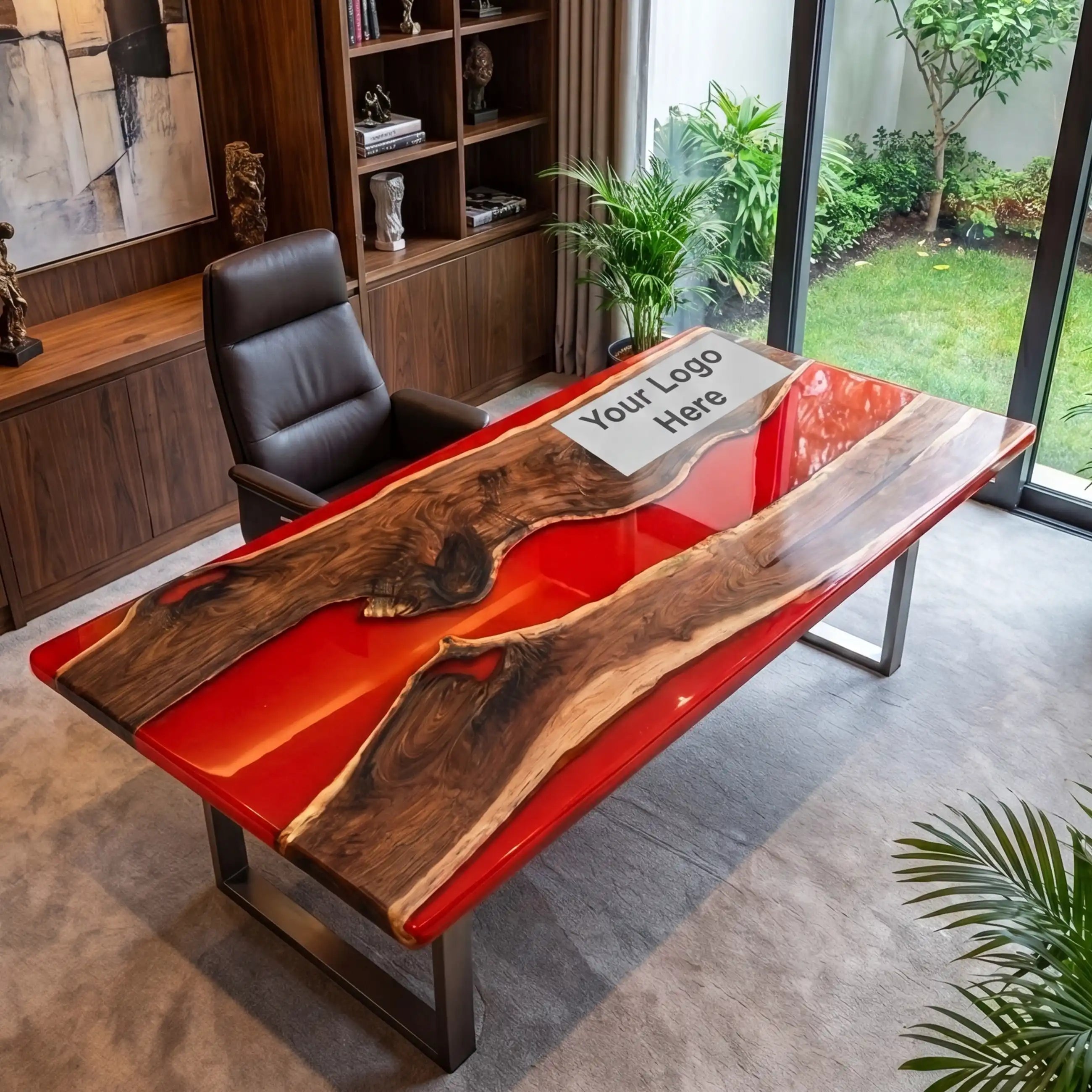 Custom Black Walnut and Crimson Resin “Executive Signature” Series Desk (With Black Resin Inlay Logo) RD-51