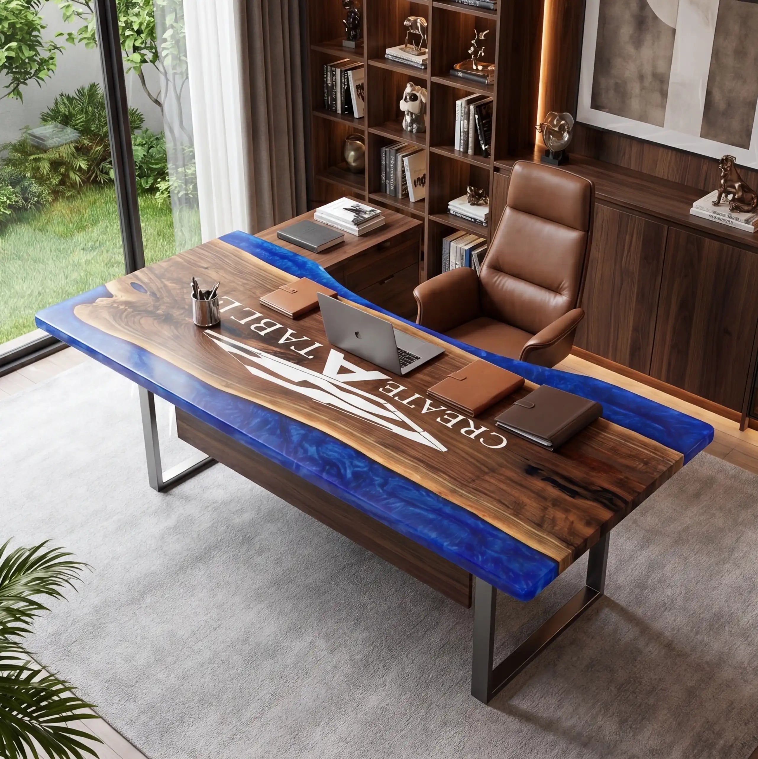Custom Black Walnut and Sapphire Blue Edge Resin “Executive Signature” Series Desk (With White Resin Inlay Logo) RD-49