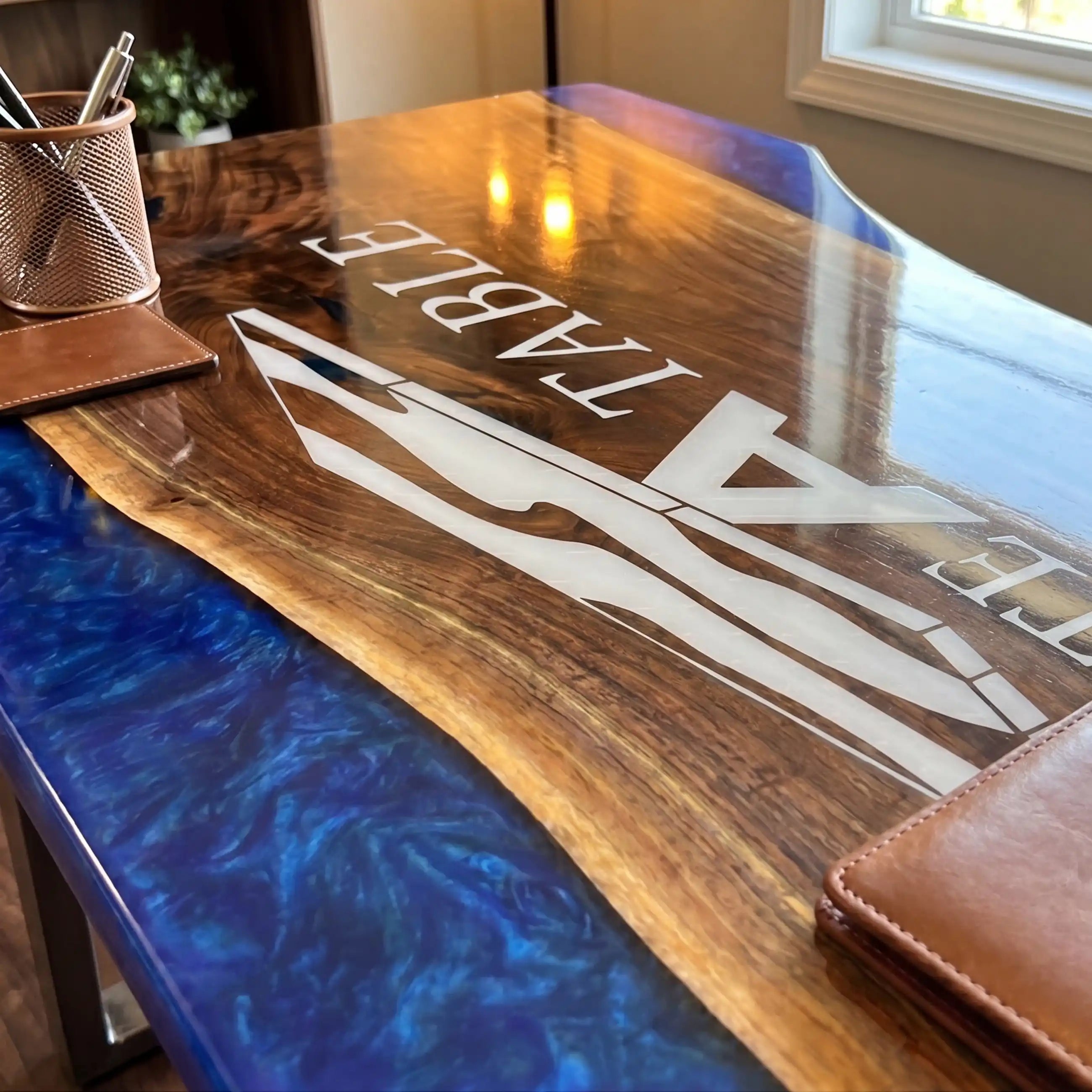 Custom Black Walnut and Sapphire Blue Edge Resin “Executive Signature” Series Desk (With White Resin Inlay Logo) RD-49