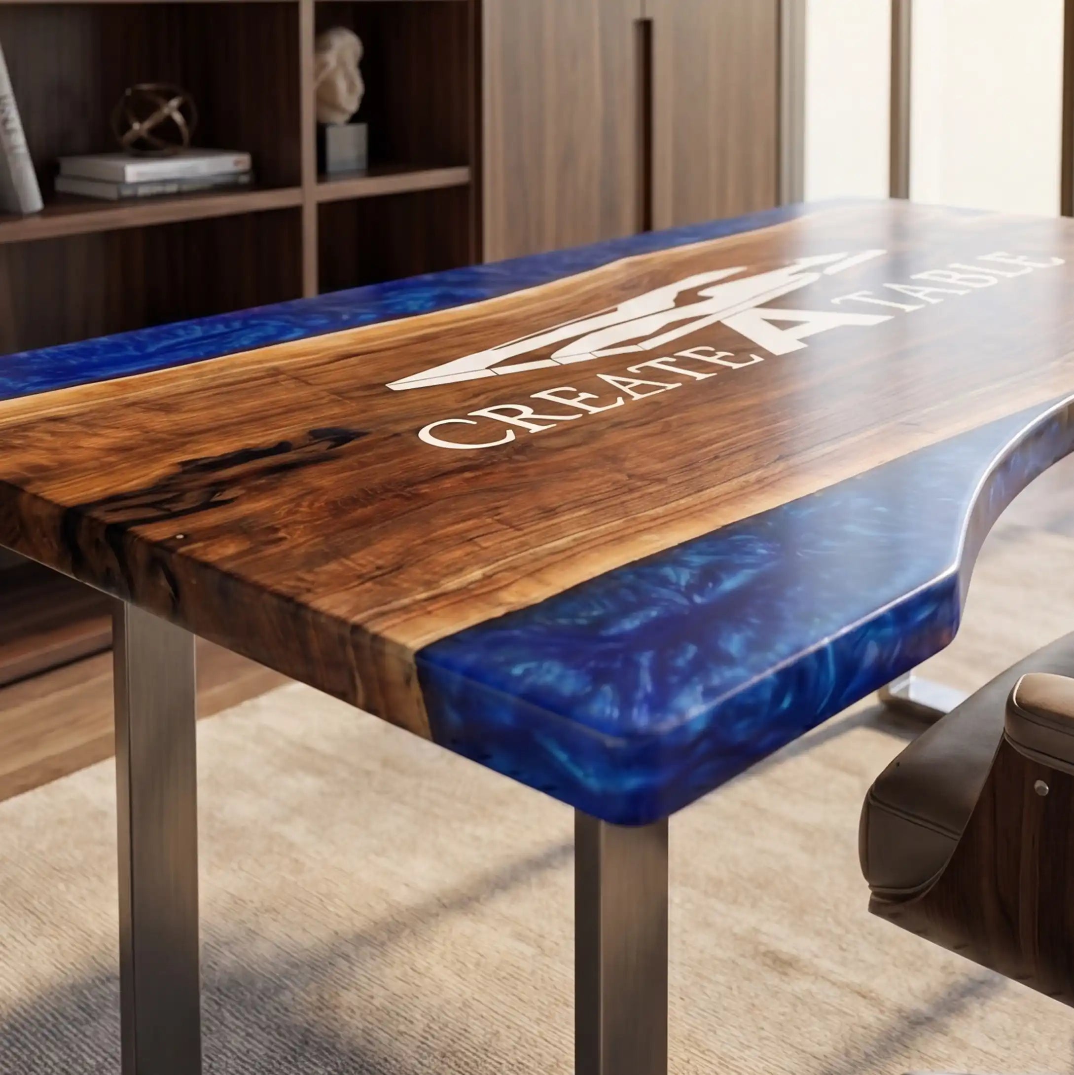 Custom Black Walnut and Sapphire Blue Edge Resin “Executive Signature” Series Desk (With White Resin Inlay Logo) RD-49