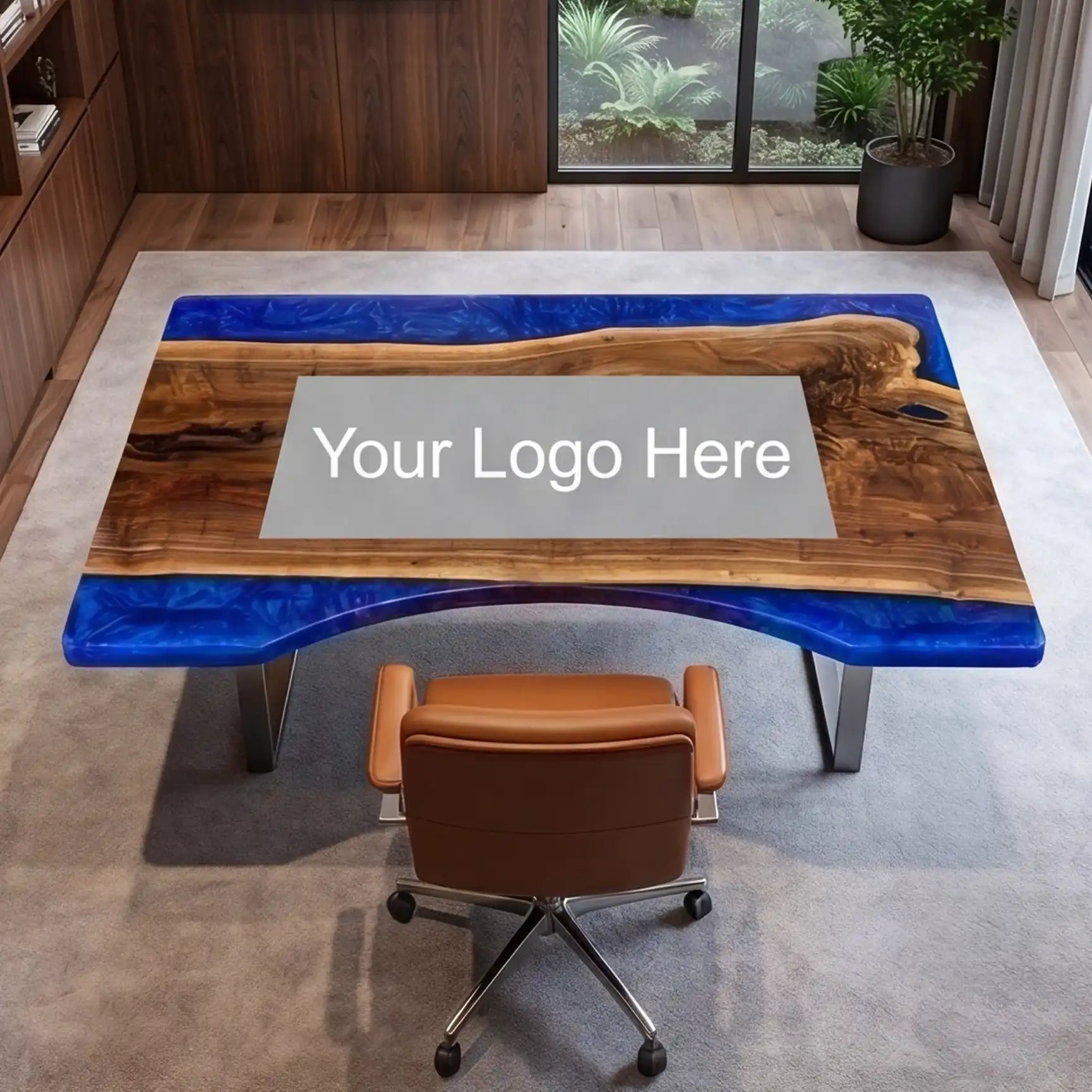 Custom Black Walnut and Sapphire Blue Edge Resin “Executive Signature” Series Desk (With White Resin Inlay Logo) RD-49