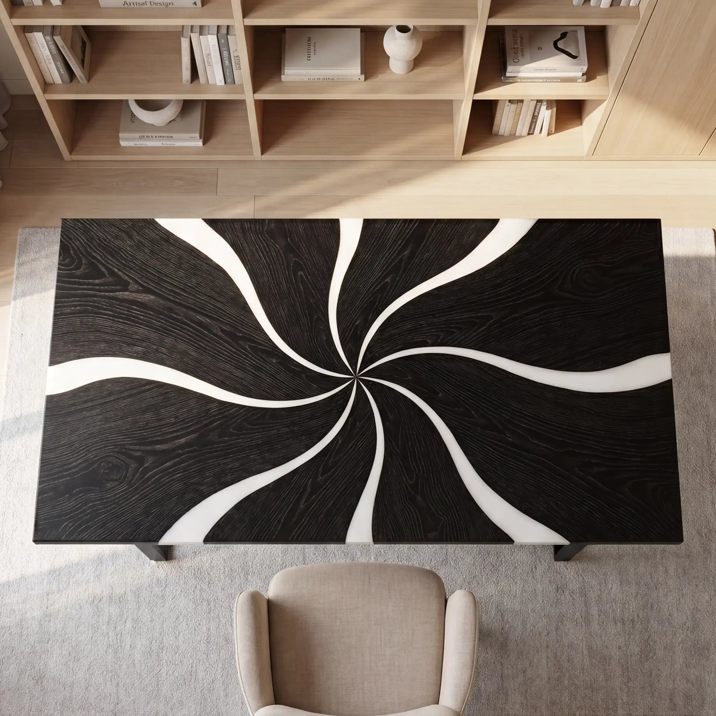 Custom Black Walnut and Solid White Resin “Vortex” Series Desk RD-26