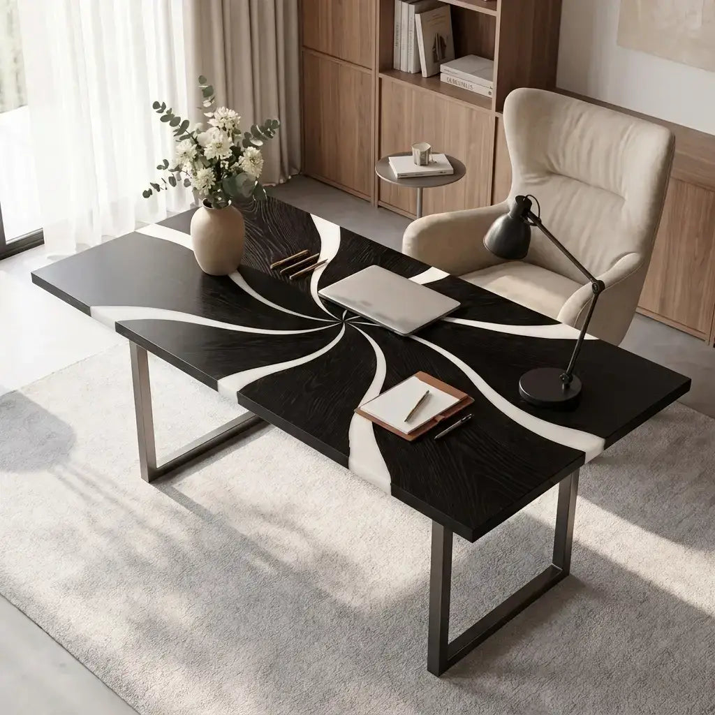 Custom Black Walnut and Solid White Resin “Vortex” Series Desk RD-26