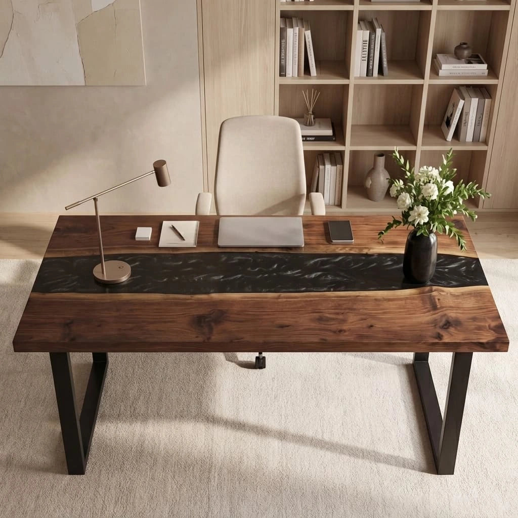 Custom Black Walnut and Swirly Black Resin “Obsidian” Series Desk RD-8
