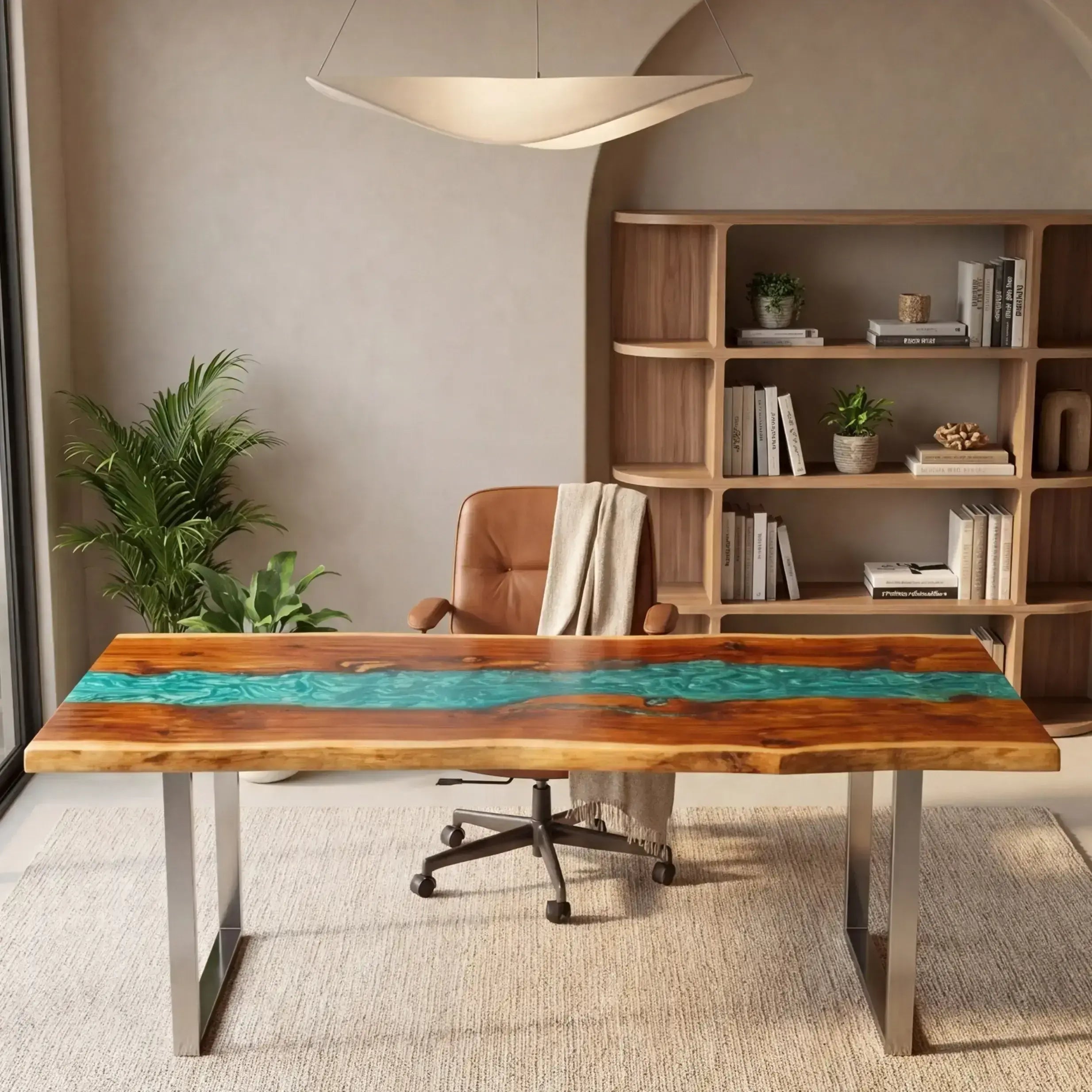 Custom Olive Wood and Aqua Resin “Lagoon” Series Desk RD-7