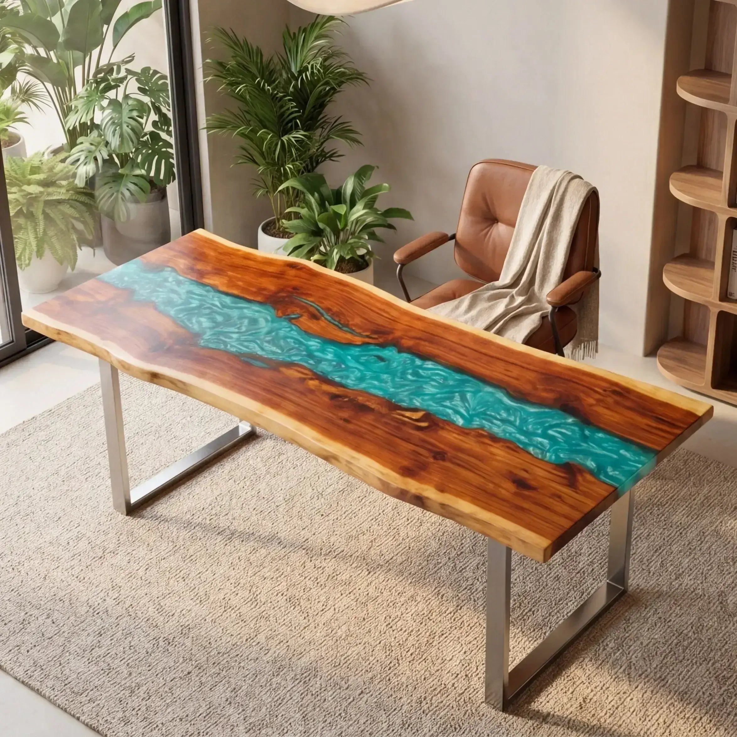 Custom Olive Wood and Aqua Resin “Lagoon” Series Desk RD-7