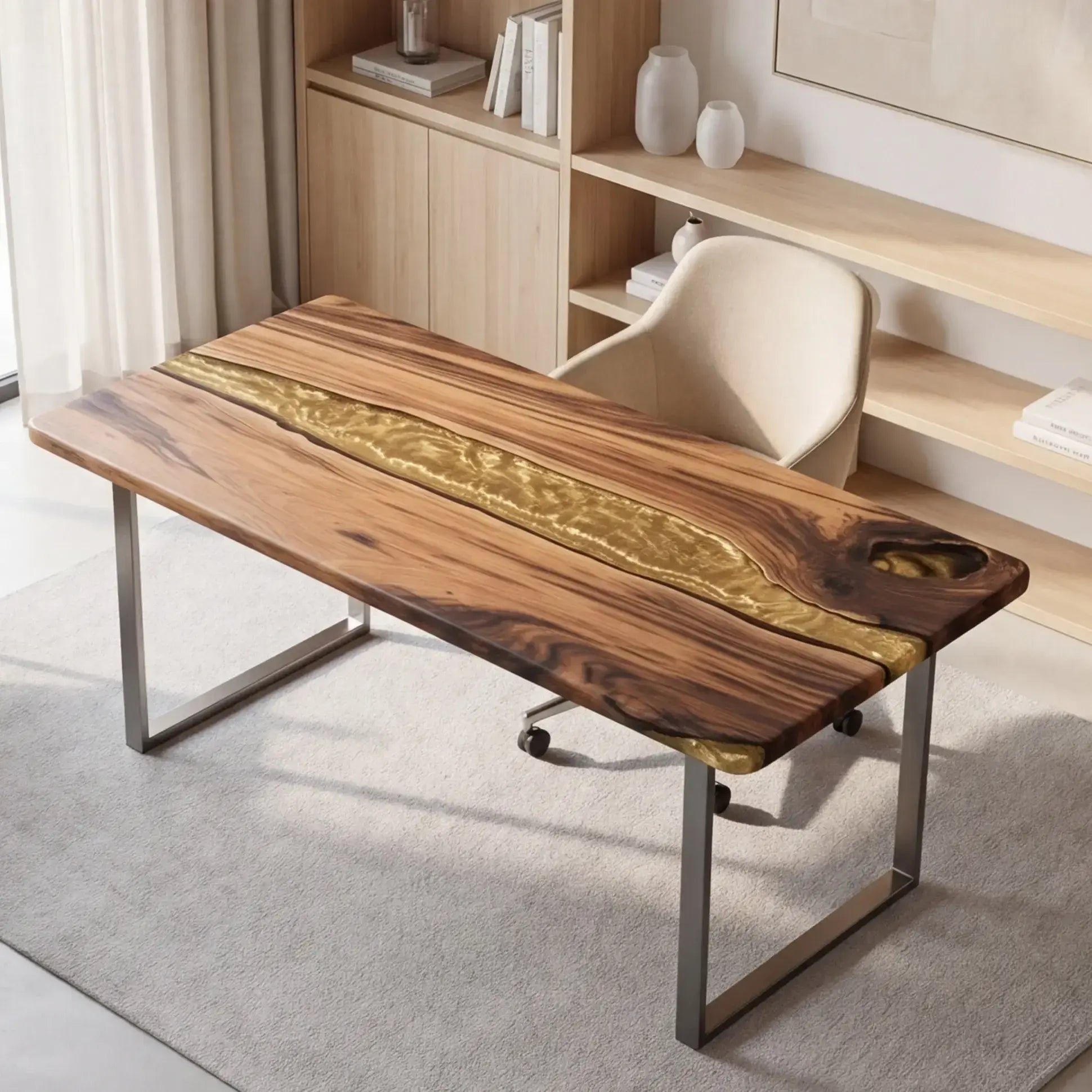 Custom Olive Wood and Metallic Gold Resin “Lumina” Series Desk RD-9