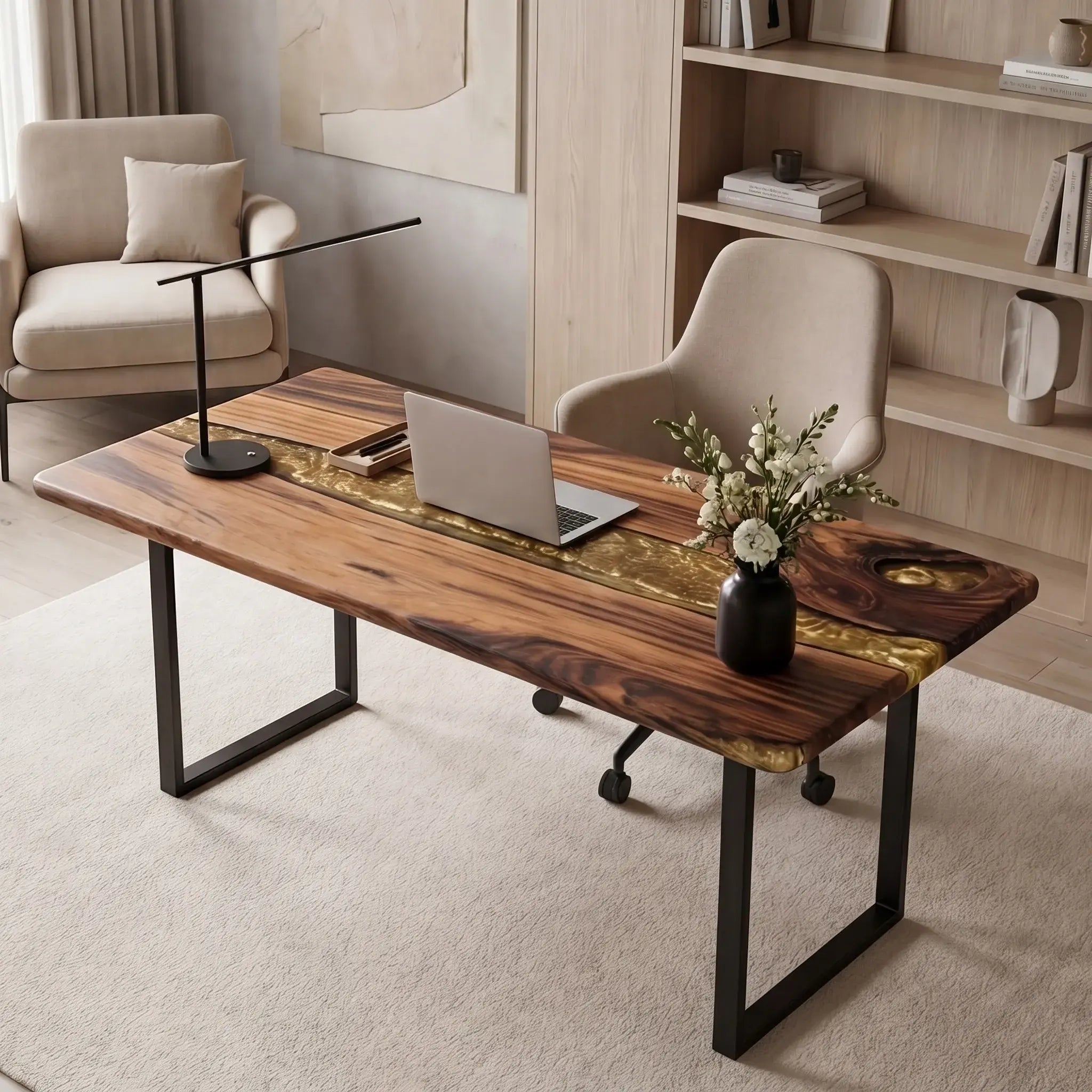 Custom Olive Wood and Metallic Gold Resin “Lumina” Series Desk RD-9