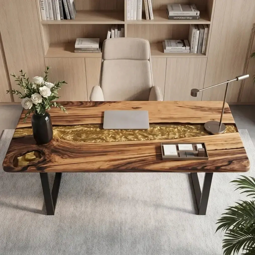 Custom Olive Wood and Metallic Gold Resin “Lumina” Series Desk RD-9