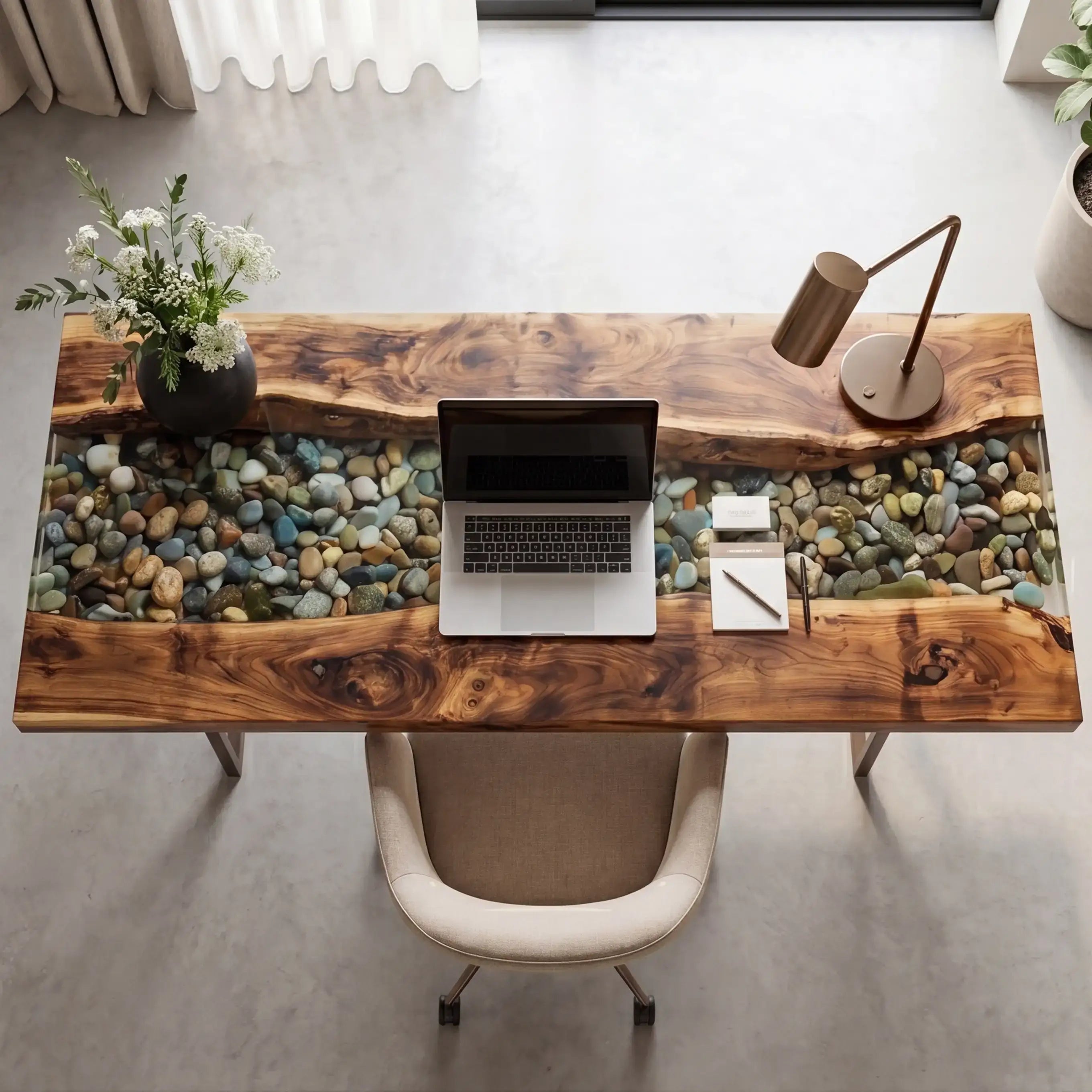 Custom Olive Wood and Pebble Clear Resin “Riverbed” Series Desk RD-23