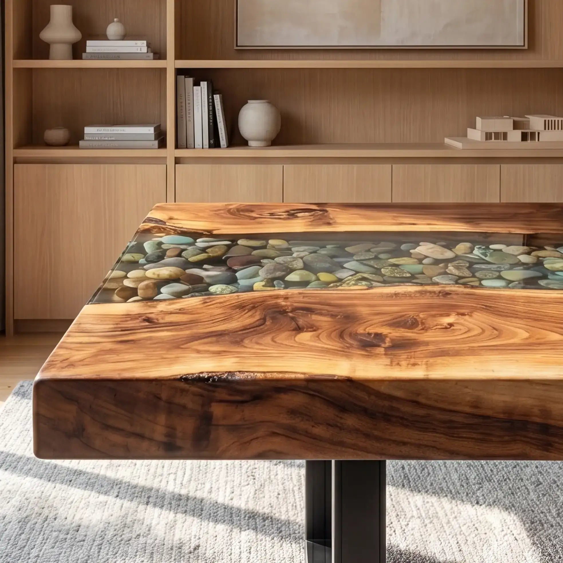 Custom Olive Wood and Pebble Clear Resin “Riverbed” Series Desk RD-23