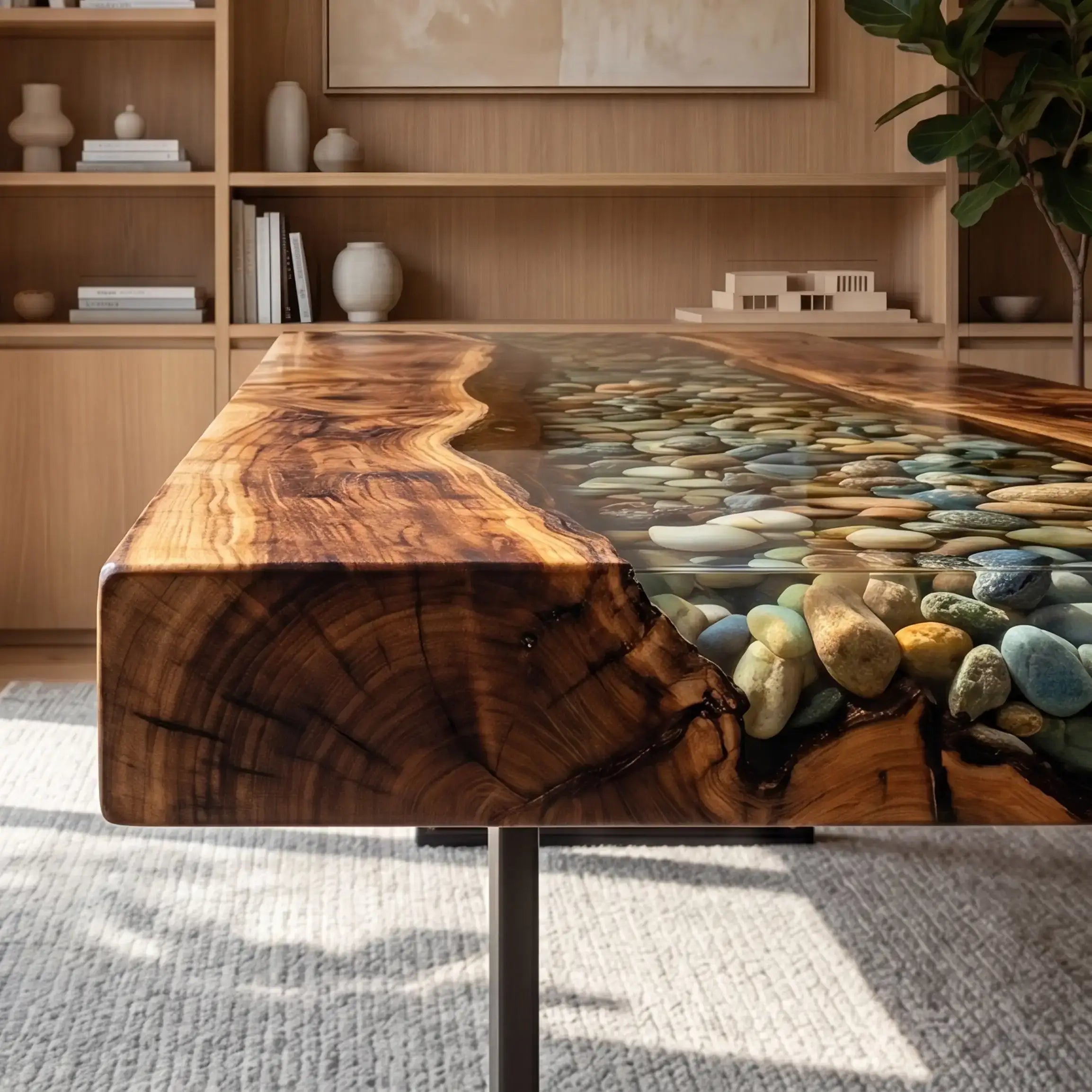 Custom Olive Wood and Pebble Clear Resin “Riverbed” Series Desk RD-23