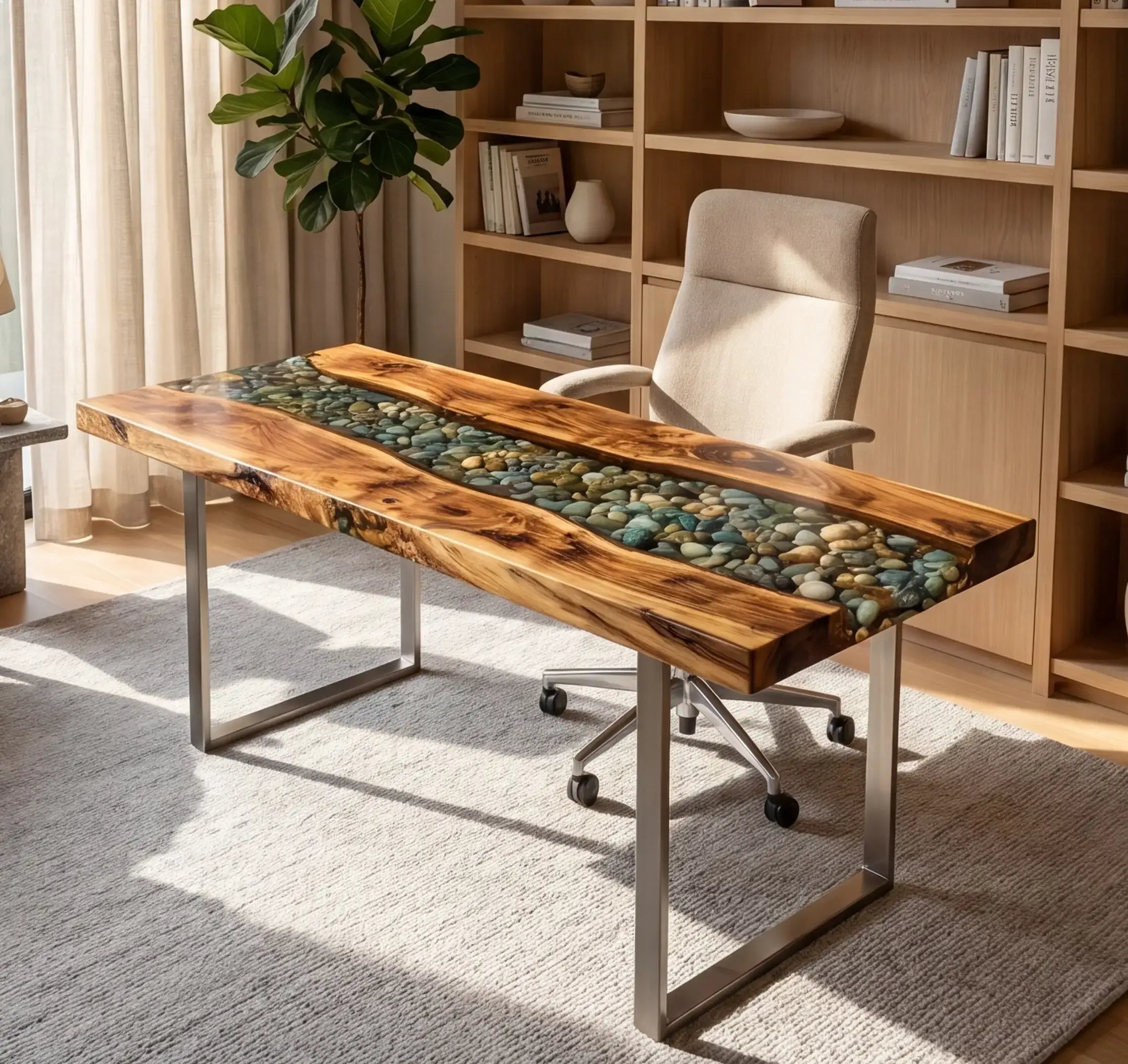 Custom Olive Wood and Pebble Clear Resin “Riverbed” Series Desk RD-23