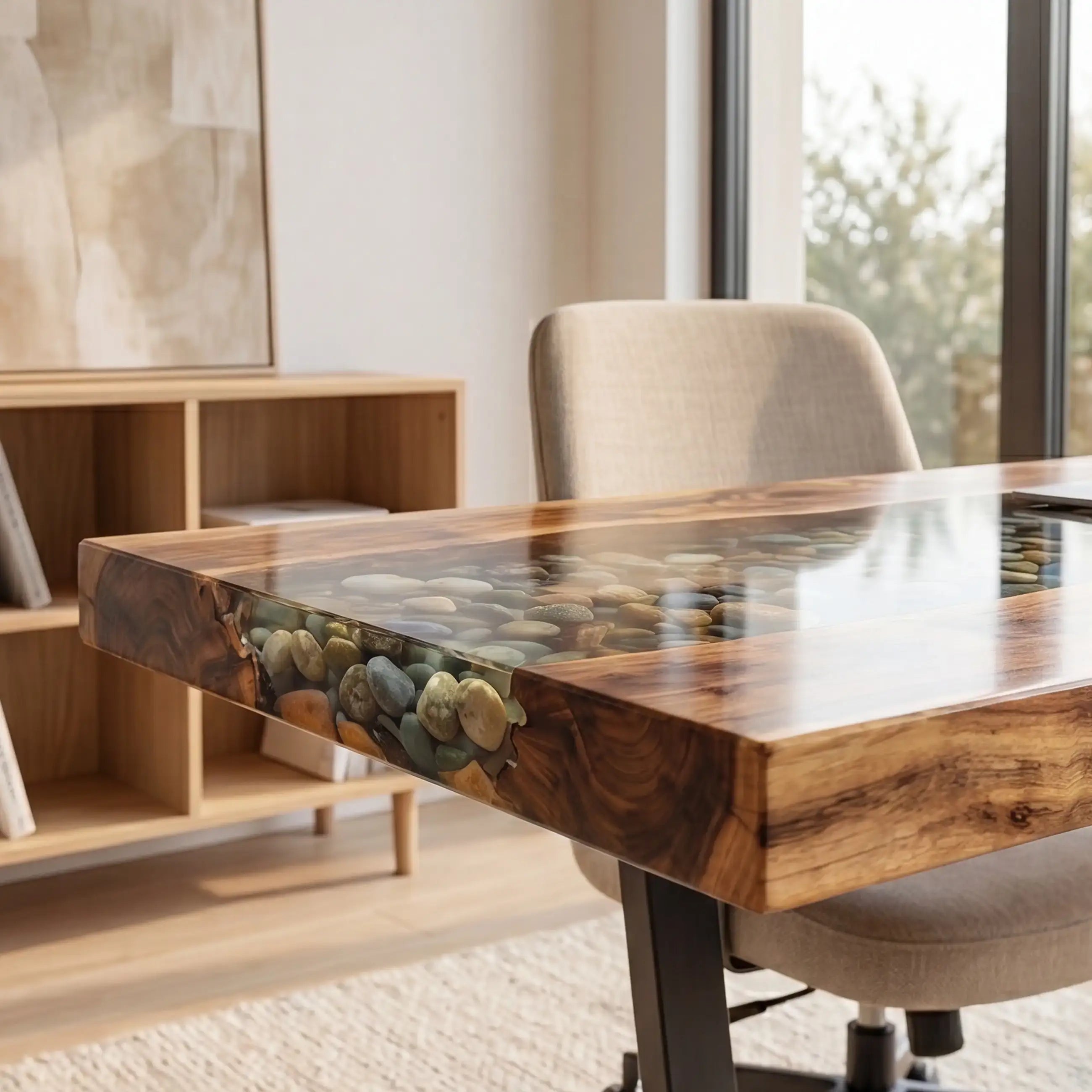 Custom Olive Wood and Pebble Clear Resin “Riverbed” Series Desk RD-23