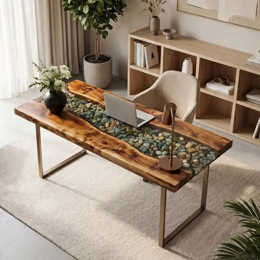 Custom Olive Wood and Pebble Clear Resin “Riverbed” Series Desk RD-23