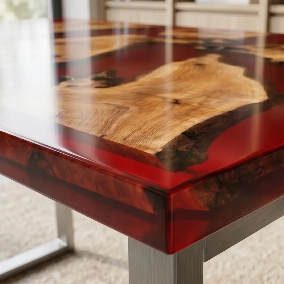 Custom Olive Wood and Ruby Red Resin “Ruby” Series Desk RD-15