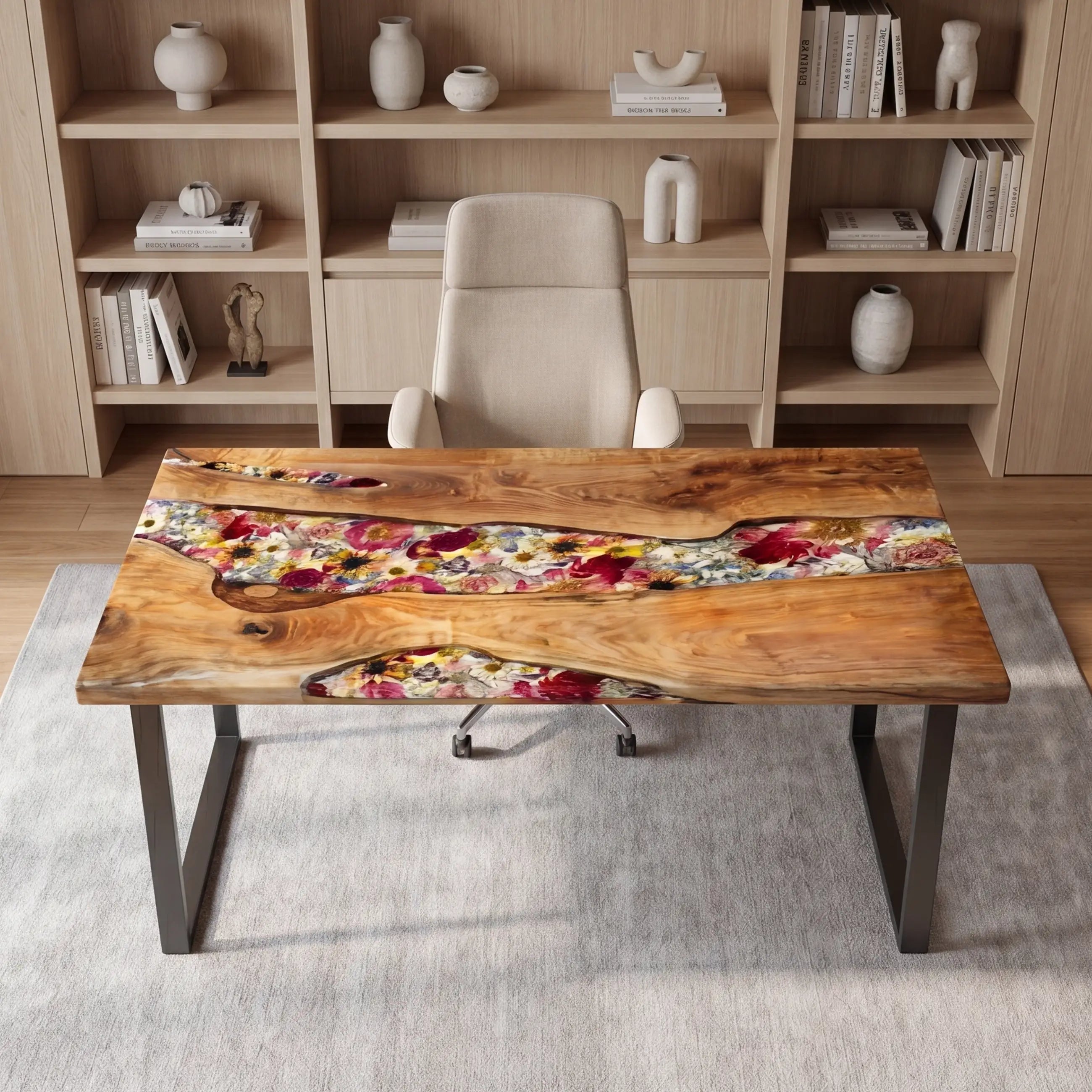 Custom Olive Wood and Vibrant Floral Resin “Flora” Series Desk RD-30