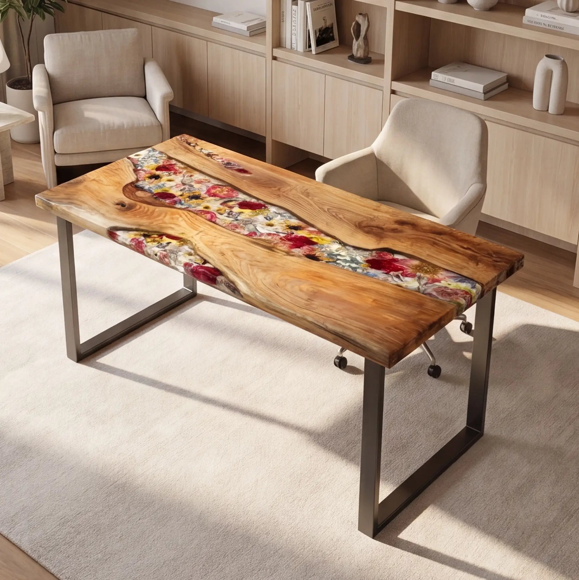 Custom Olive Wood and Vibrant Floral Resin “Flora” Series Desk RD-30