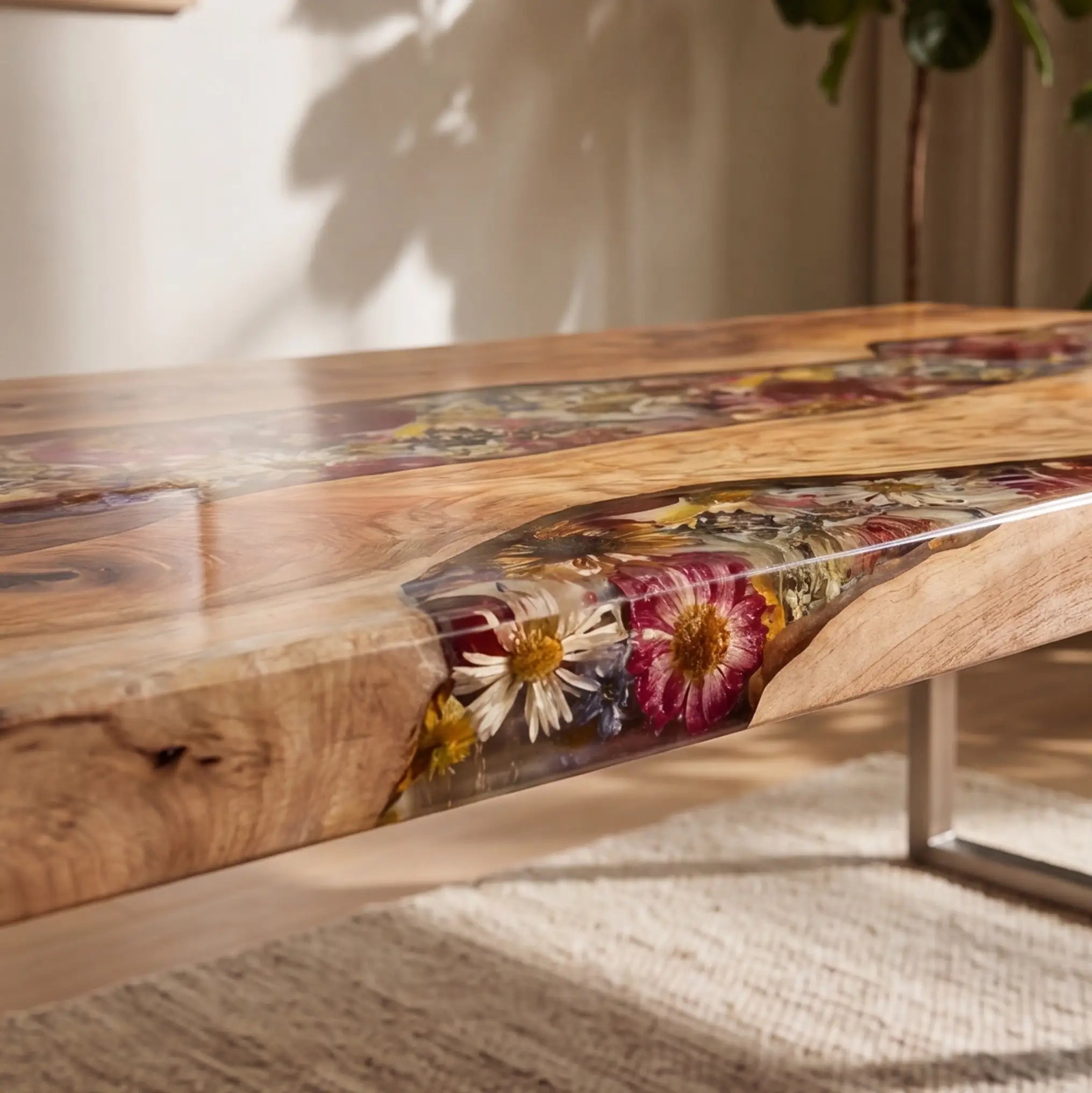 Custom Olive Wood and Vibrant Floral Resin “Flora” Series Desk RD-30
