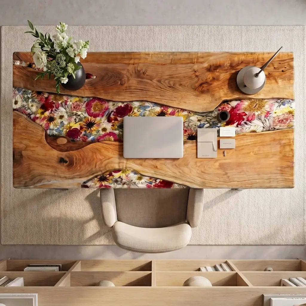 Custom Olive Wood and Vibrant Floral Resin “Flora” Series Desk RD-30