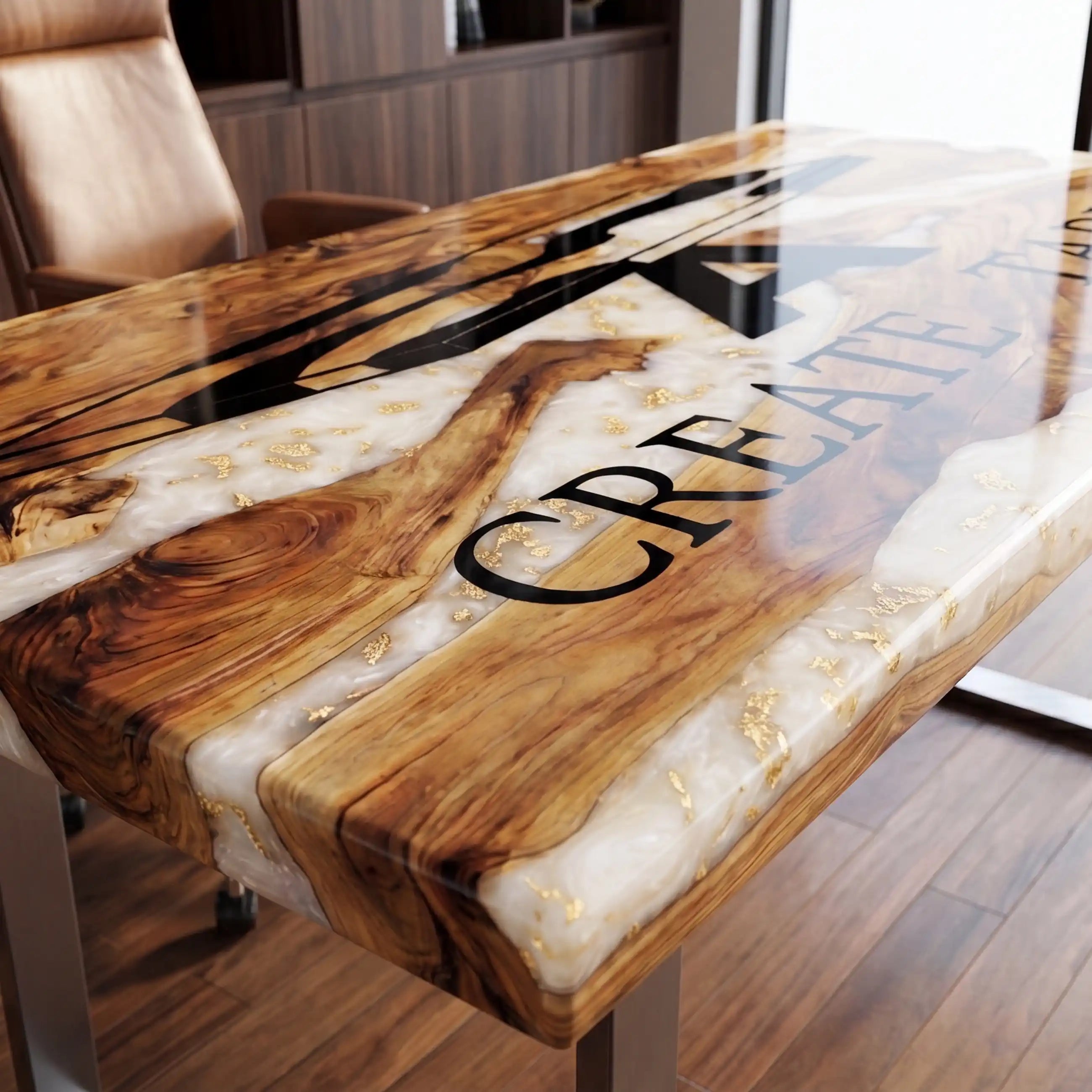 Custom Olive Wood and White Resin “Executive Signature” Series Desk (With Black Resin Inlay Logo) RD-43