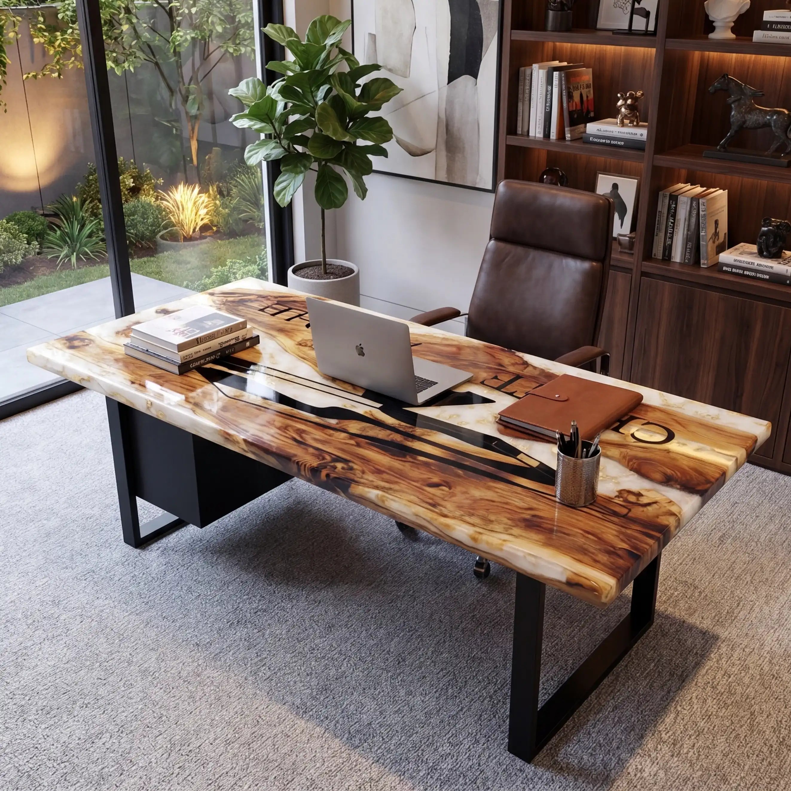 Custom Olive Wood and White Resin “Executive Signature” Series Desk (With Black Resin Inlay Logo) RD-43
