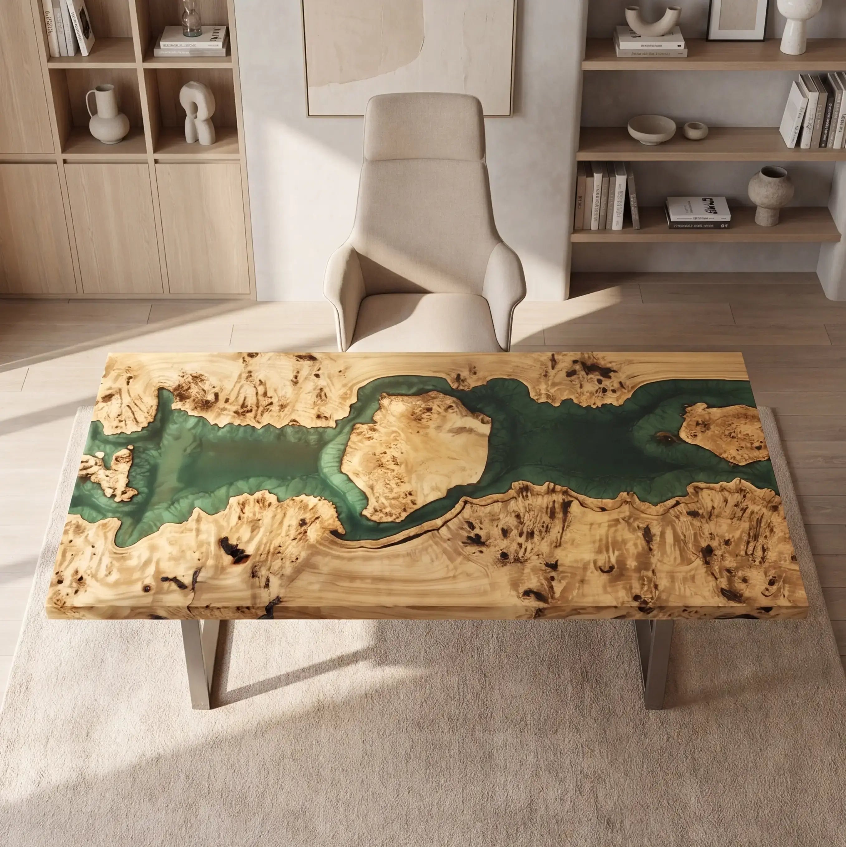 Custom Poplar Burl and Emerald Green Resin “Oasis” Series Desk RD-29