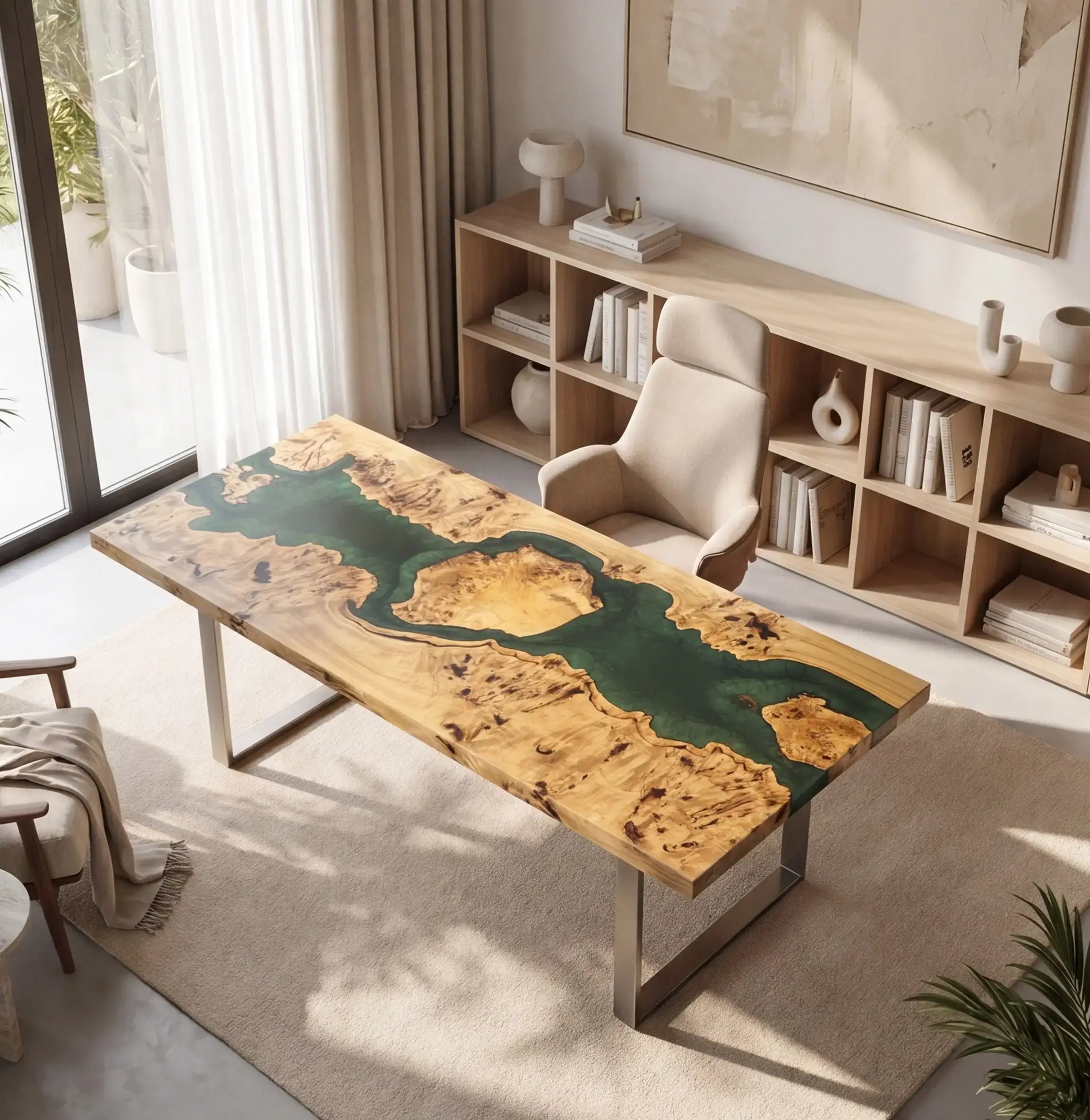 Custom Poplar Burl and Emerald Green Resin “Oasis” Series Desk RD-29