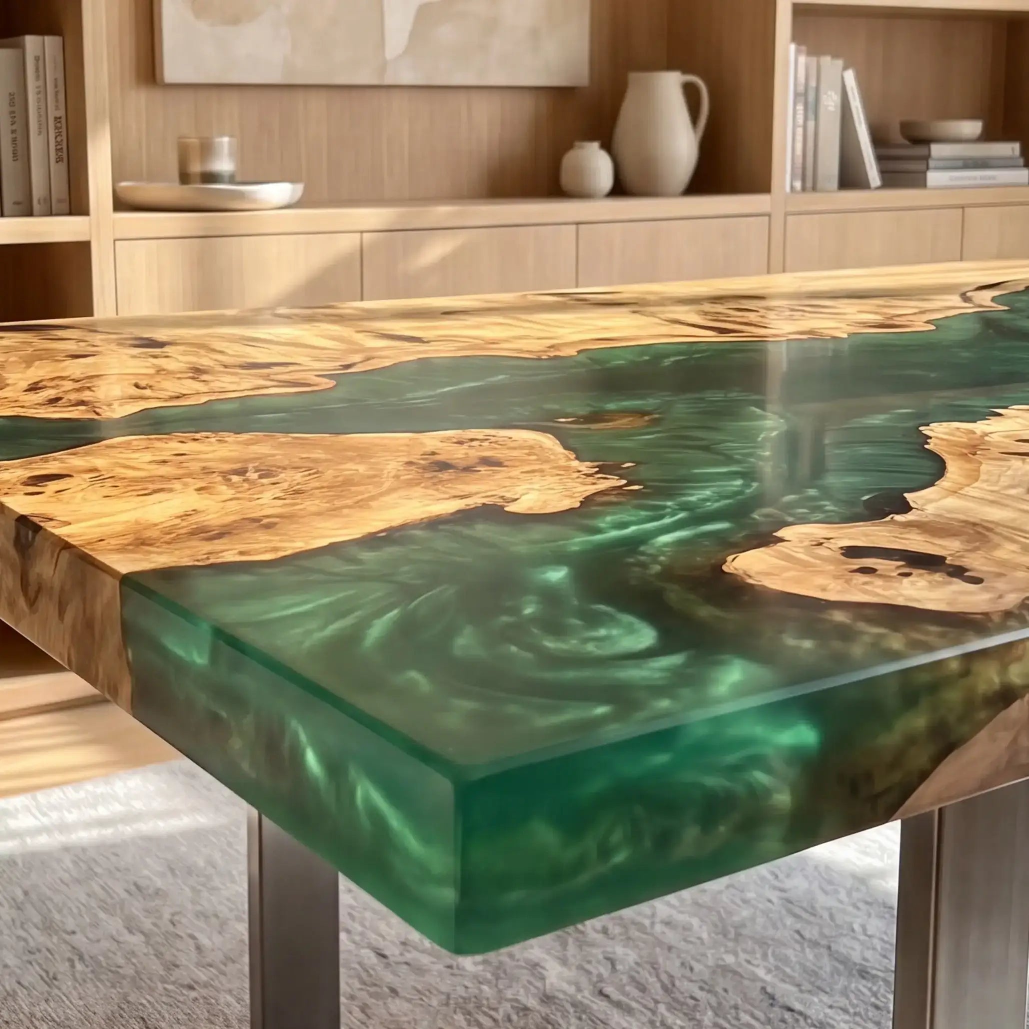 Custom Poplar Burl and Emerald Green Resin “Oasis” Series Desk RD-29