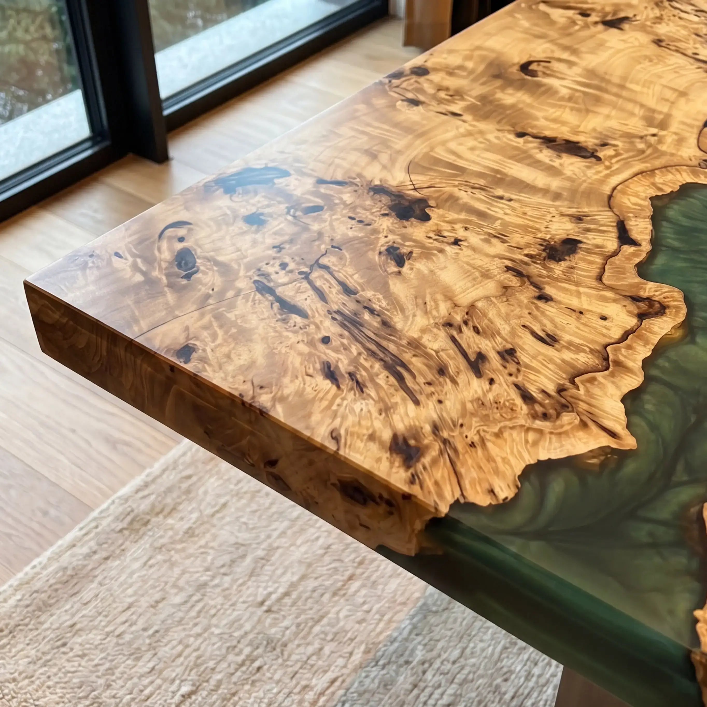 Custom Poplar Burl and Emerald Green Resin “Oasis” Series Desk RD-29