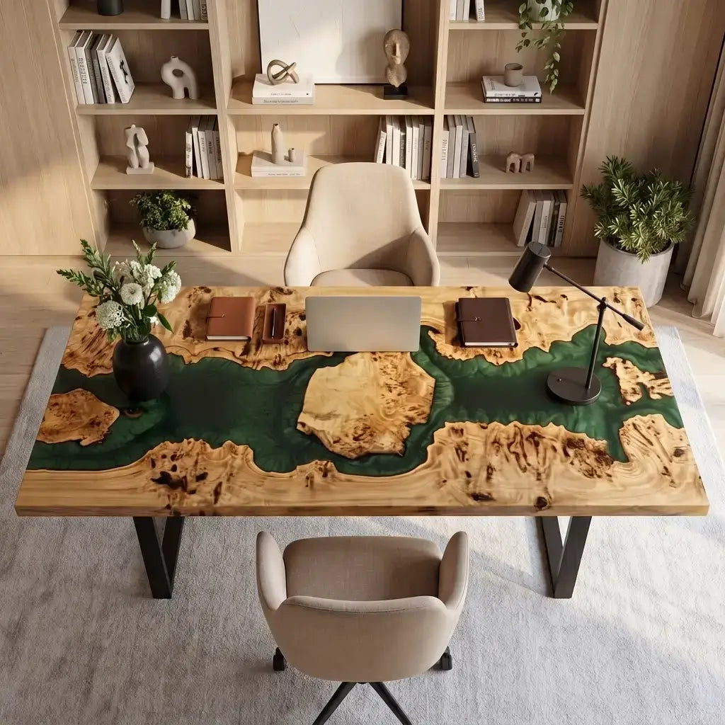 Custom Poplar Burl and Emerald Green Resin “Oasis” Series Desk RD-29
