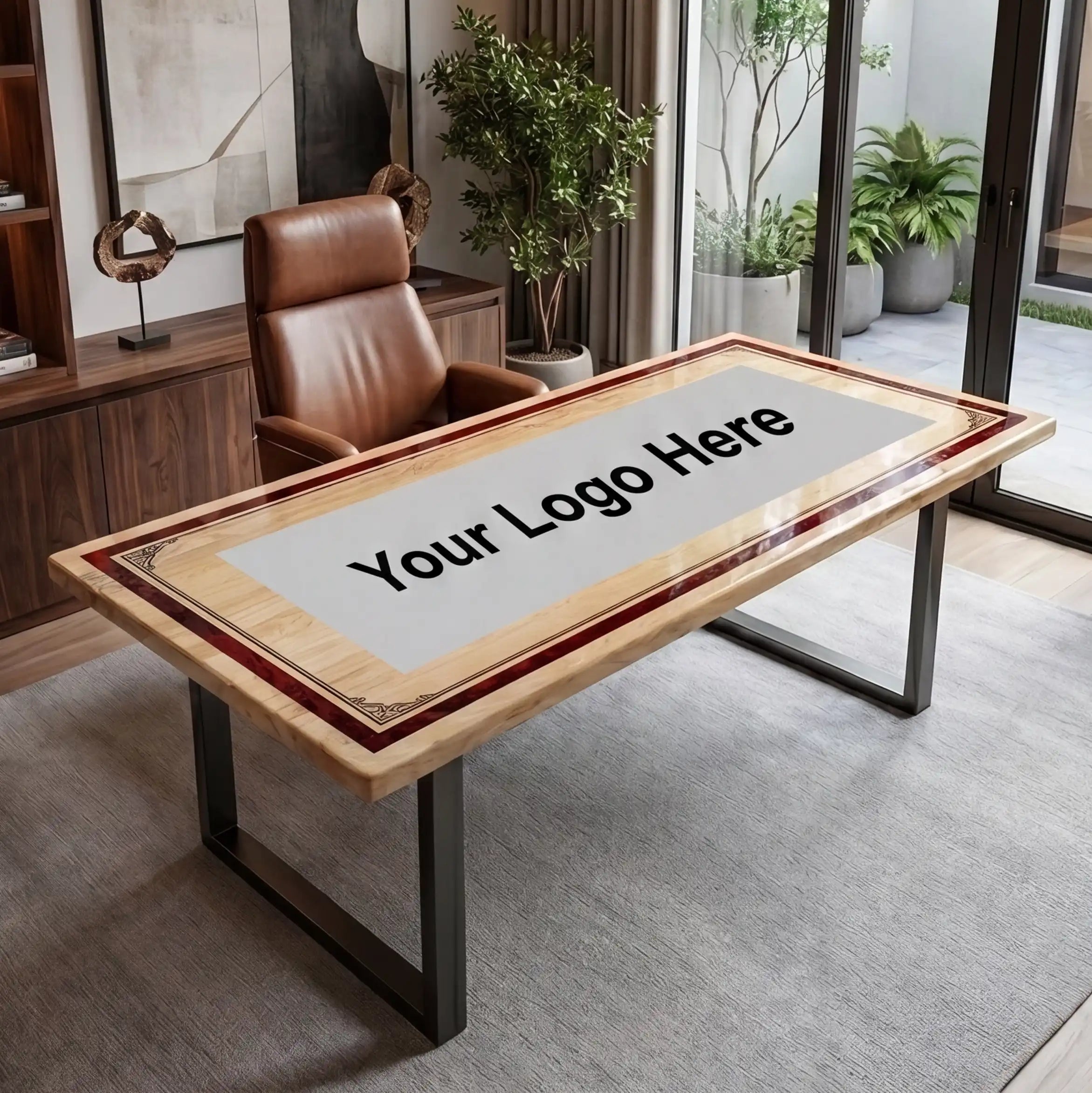 Custom Poplar Wood and Crimson Resin Inlay “Executive Signature” Series Desk (With Custom Logo and Border) RD-44