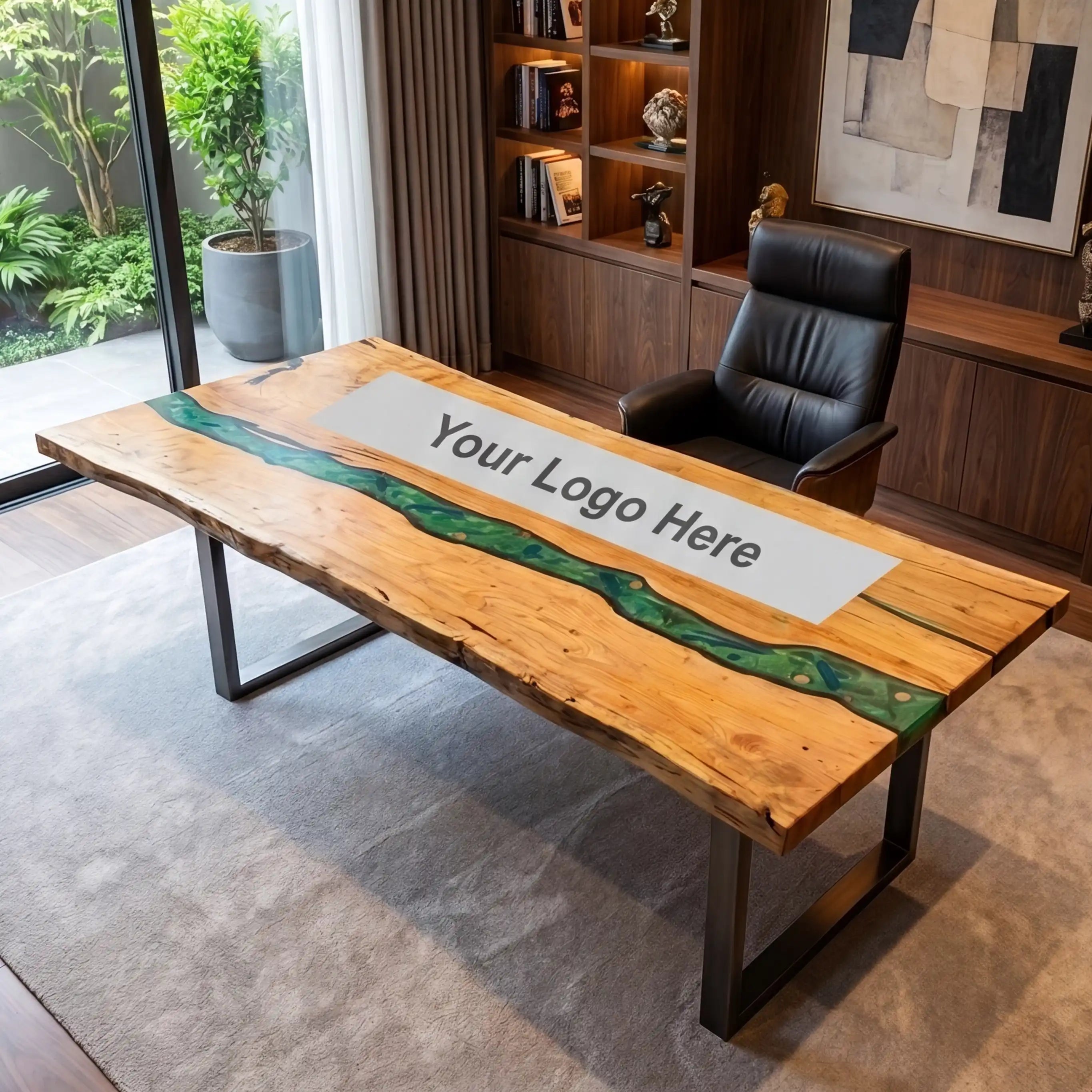 Custom Poplar Wood and Emerald Green Resin “Executive Signature” Series Desk (With Green Resin Inlay Logo) RD-45