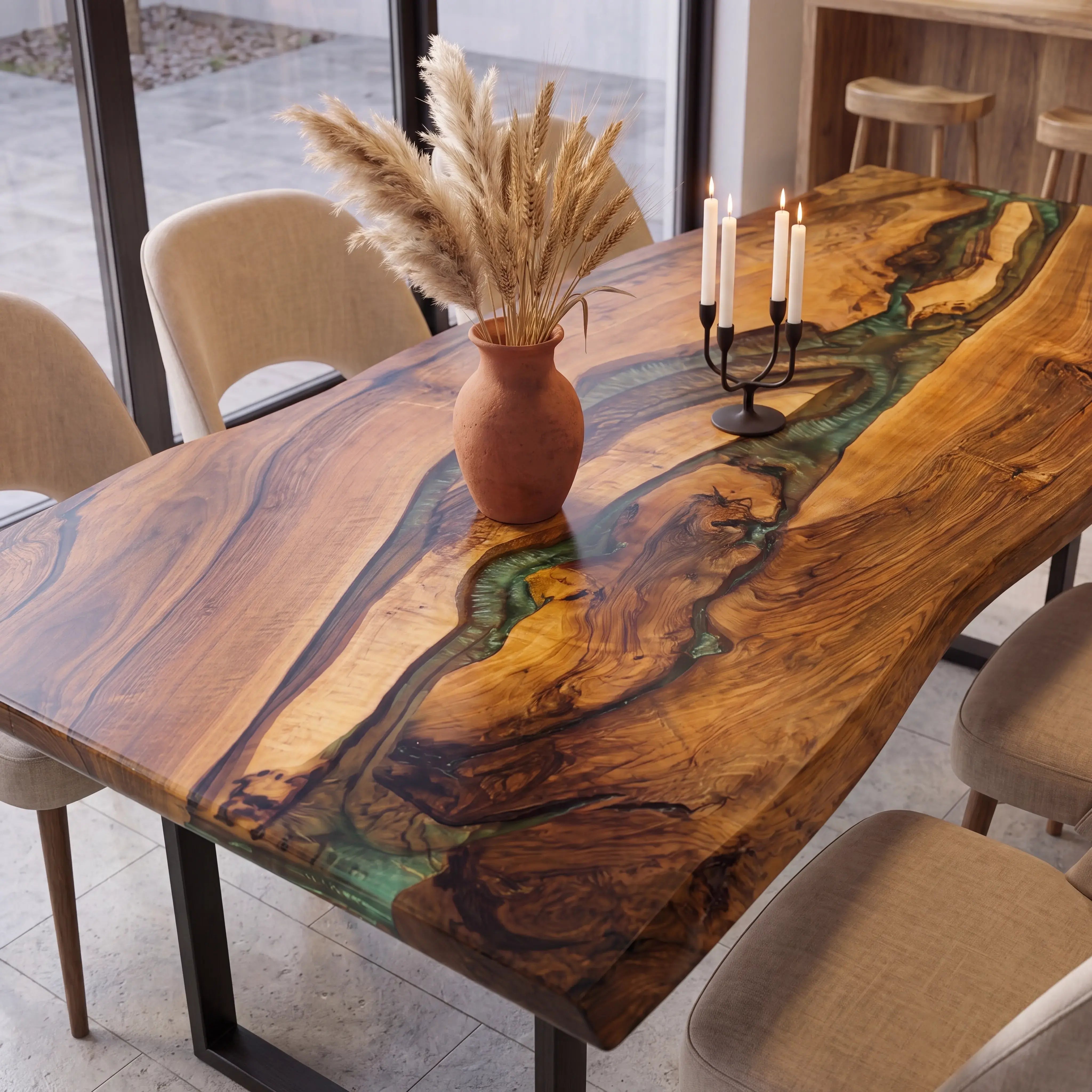Custom Walnut Epoxy Resin River Table Green Resin QTR-84
