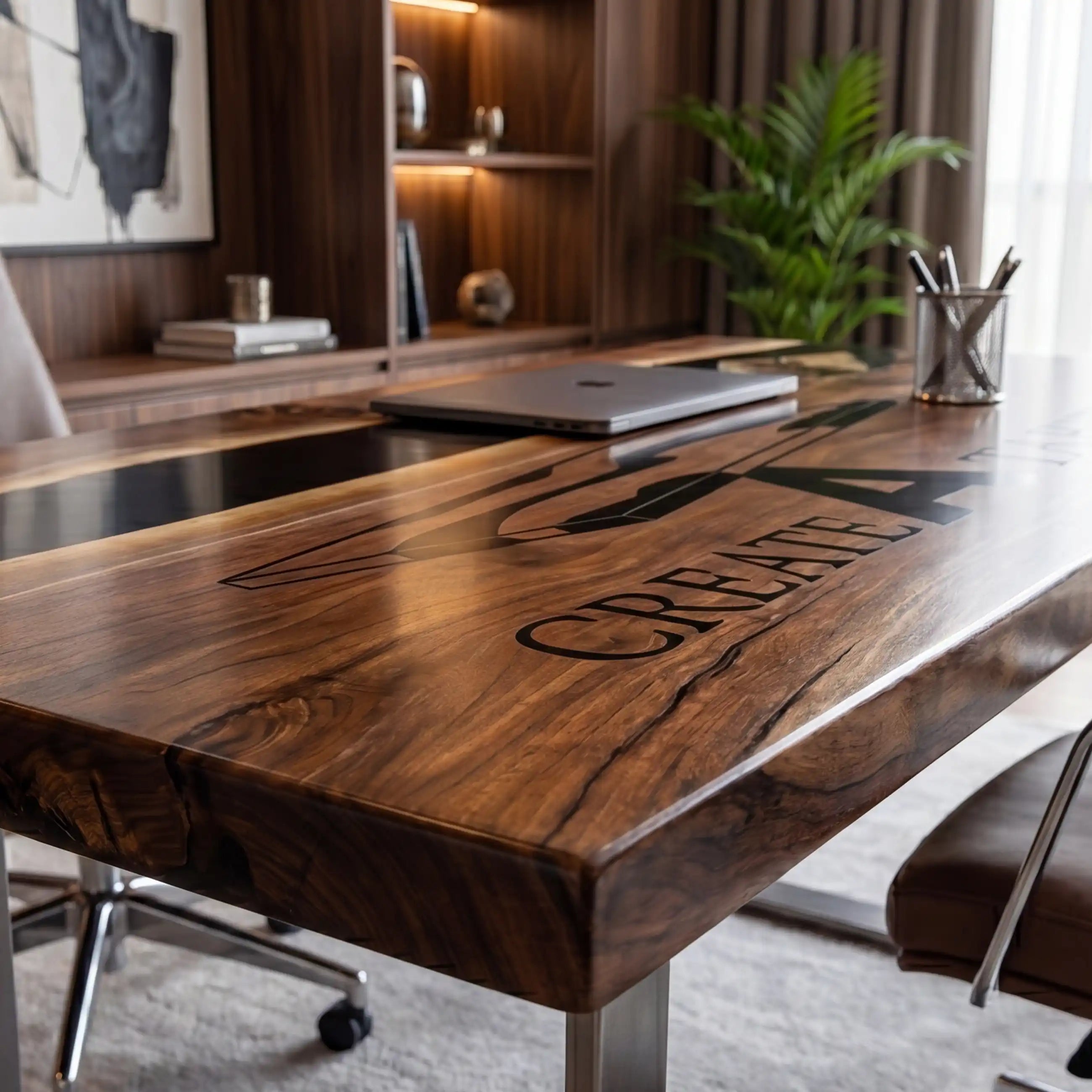 Custom Walnut and Black Resin “Executive Signature” Series Desk (With Black Resin Inlay Logo) RD-50
