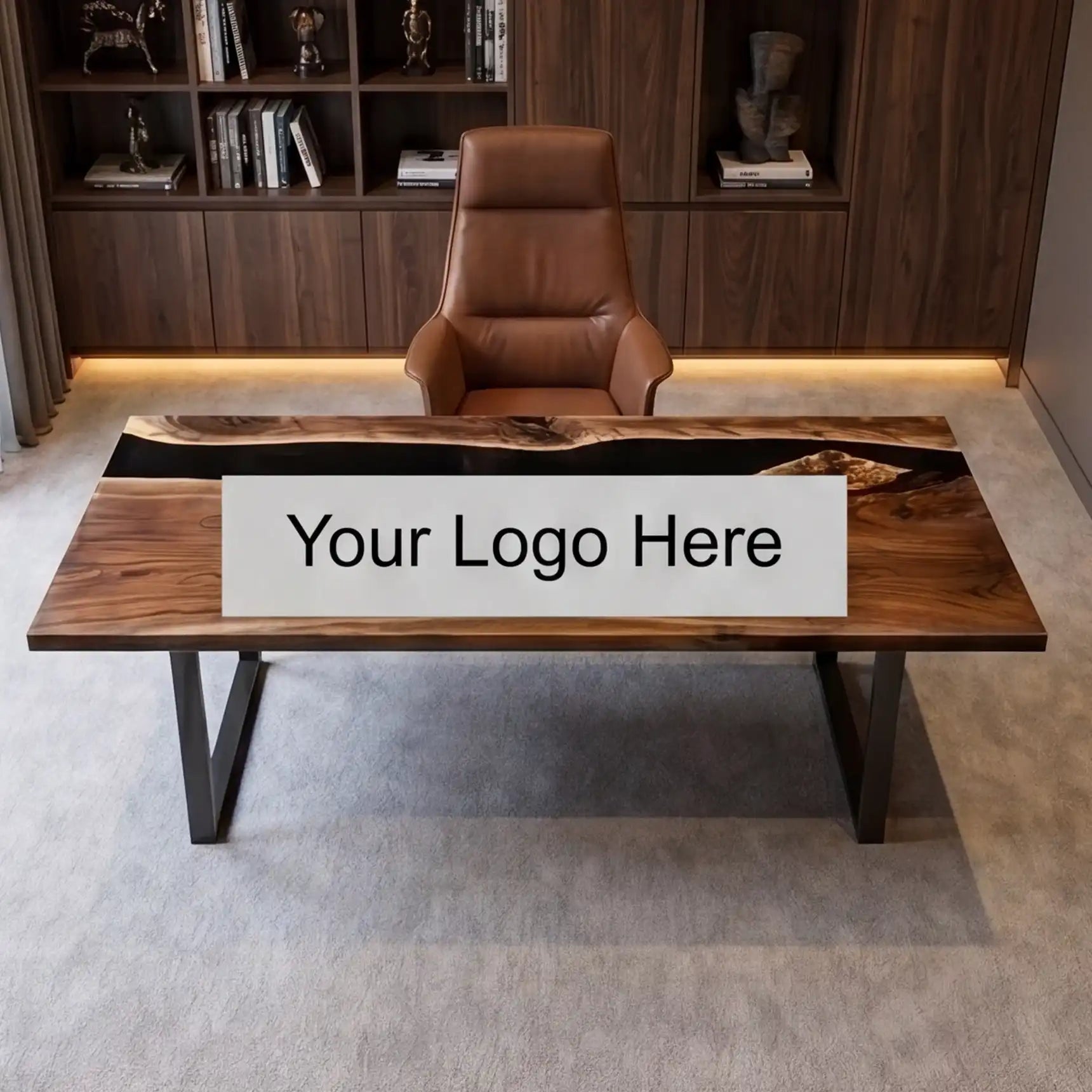 Custom Walnut and Black Resin “Executive Signature” Series Desk (With Black Resin Inlay Logo) RD-50