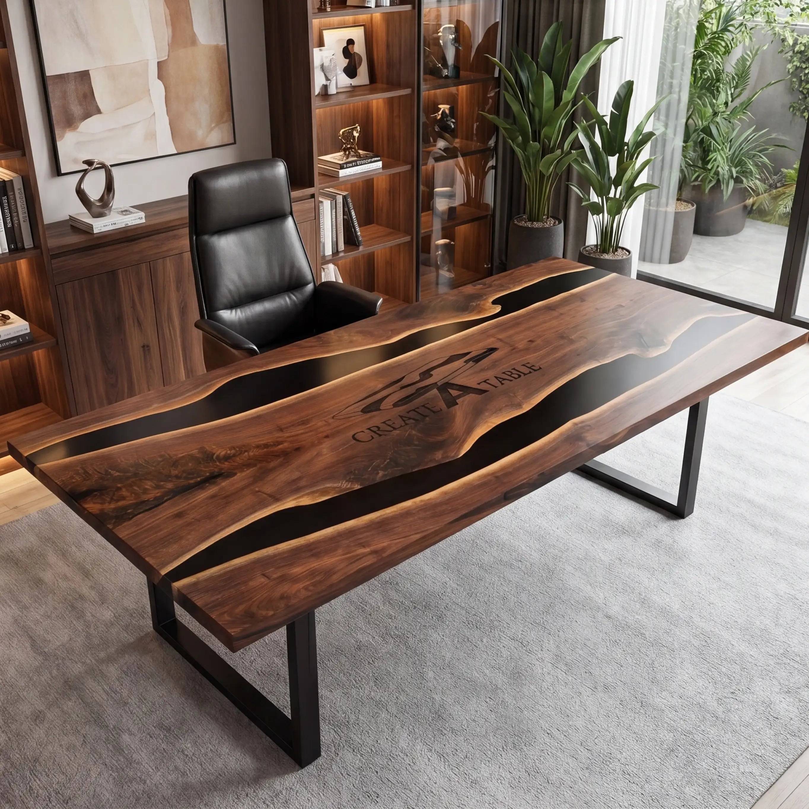 Custom Walnut and Black Resin “Executive Signature” Series Desk (With Custom Corporate Logo) RD-38